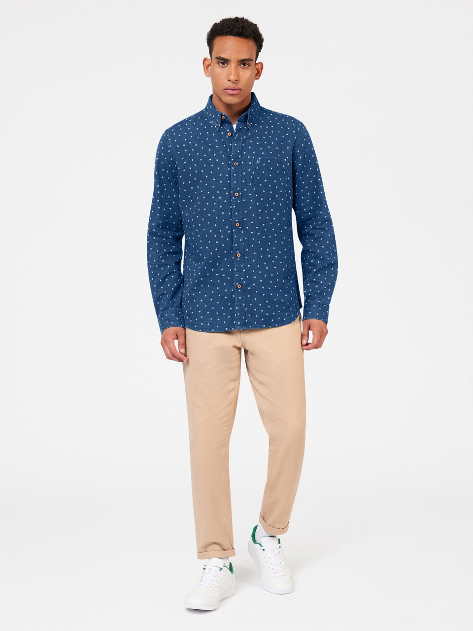 Long Sleeve Indigo Card Print Shirt