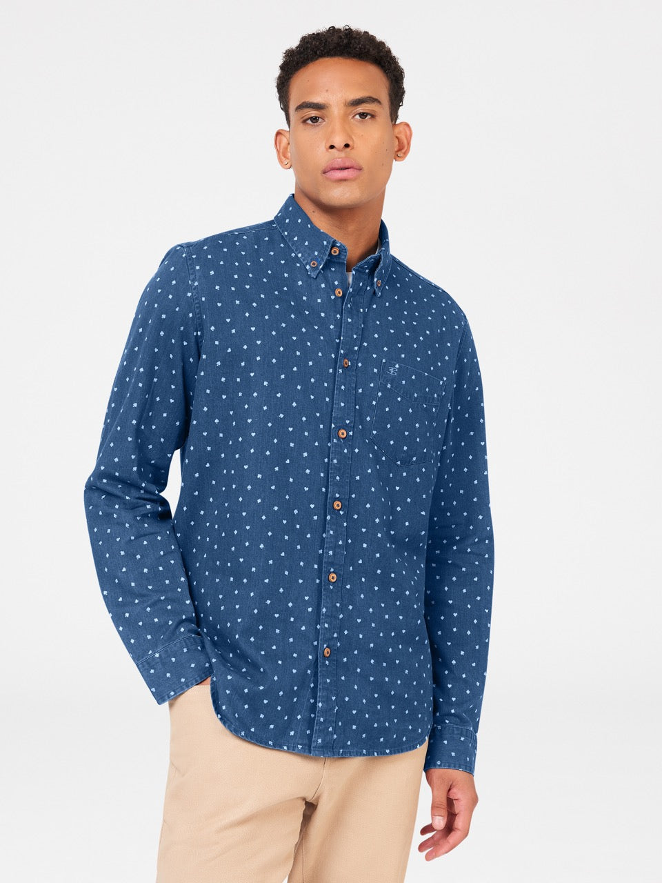 Long Sleeve Indigo Card Print Shirt