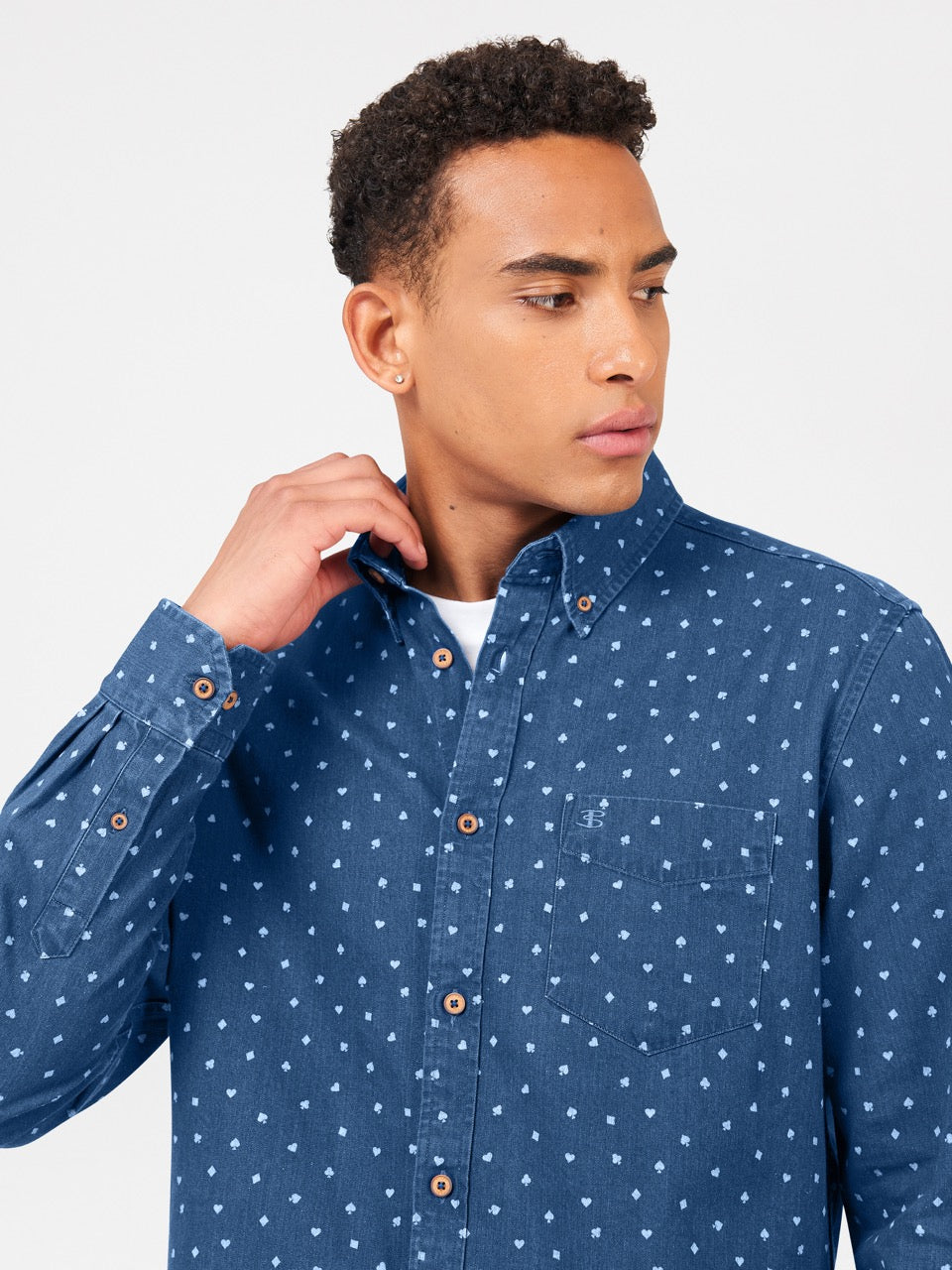 Long Sleeve Indigo Card Print Shirt