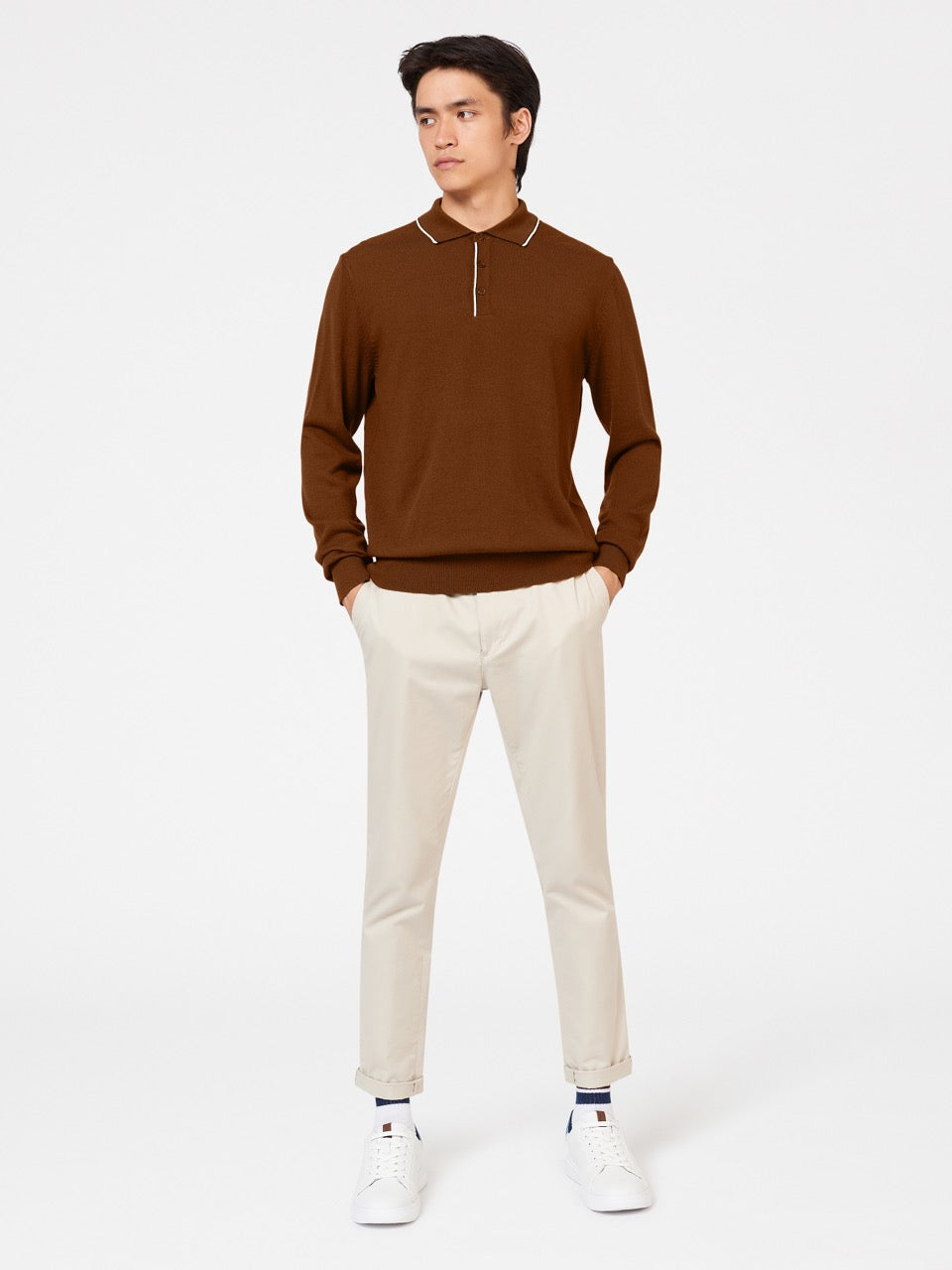 Tipped Merino Knit Sweater Polo - Brown