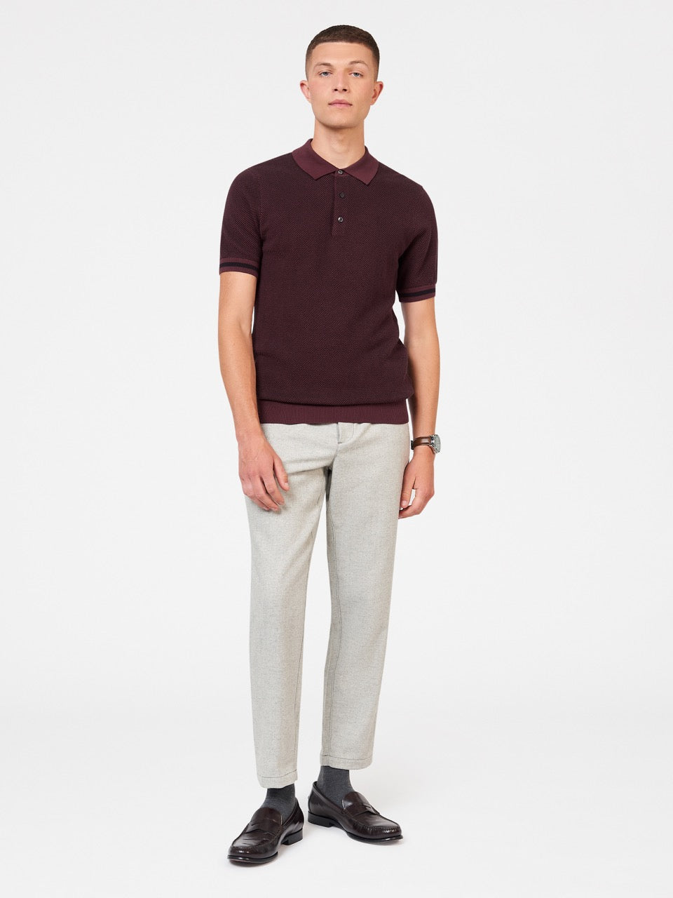 All Over Textured Knit Polo - Aubergine