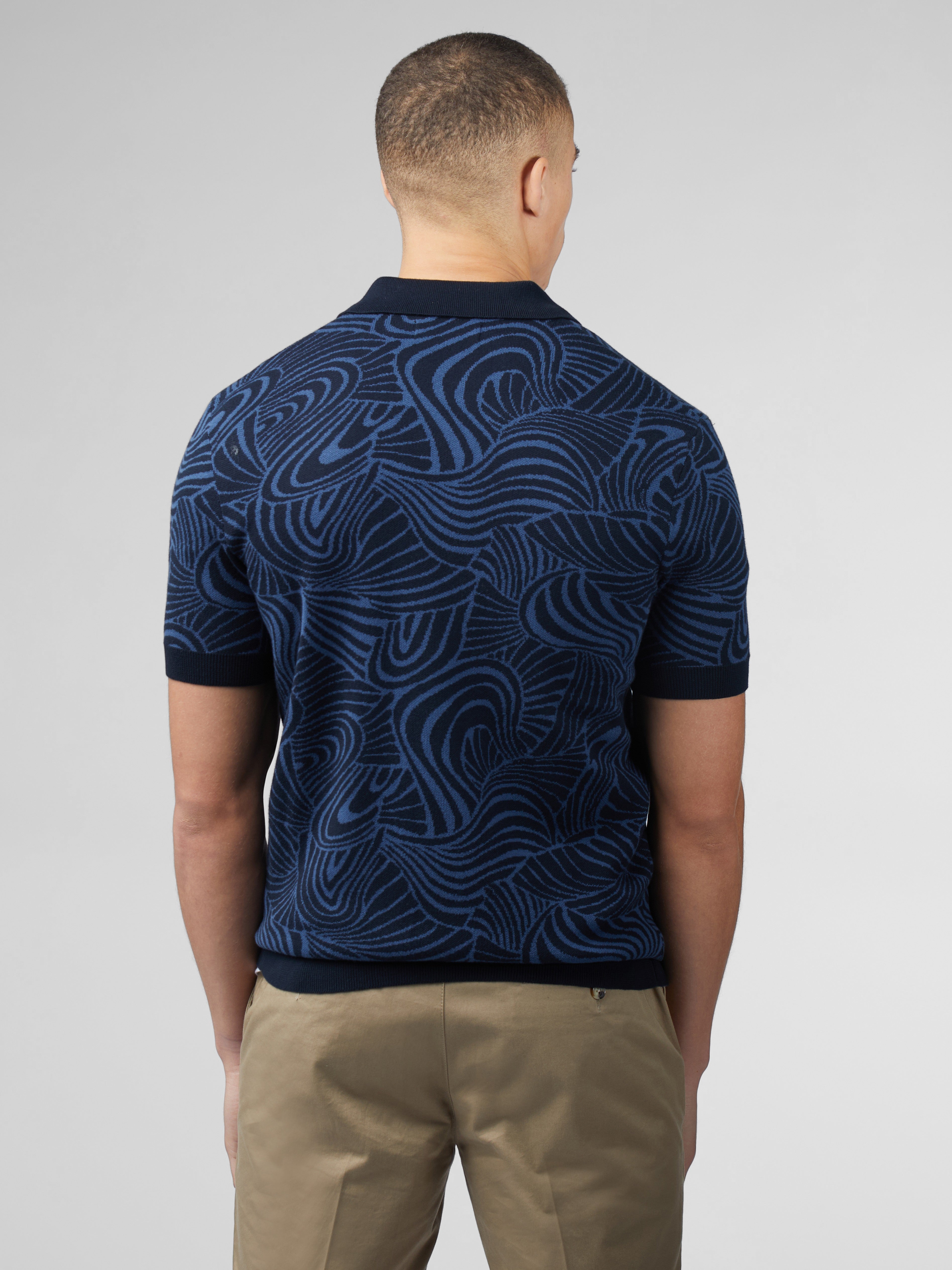 B by Ben Sherman Swirl Jacquard Button Through Polo - Dark Navy