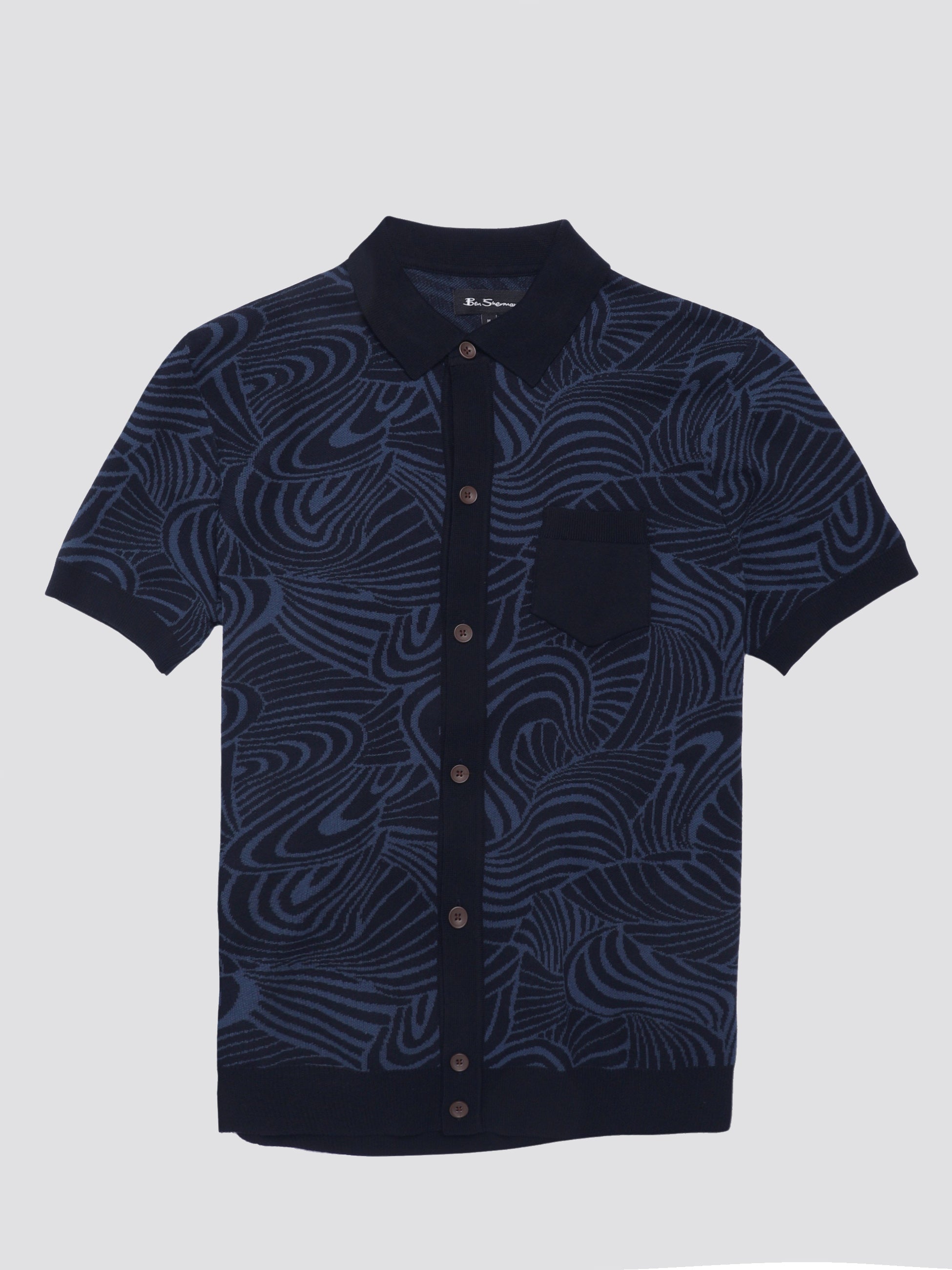 B by Ben Sherman Swirl Jacquard Button Through Polo - Dark Navy