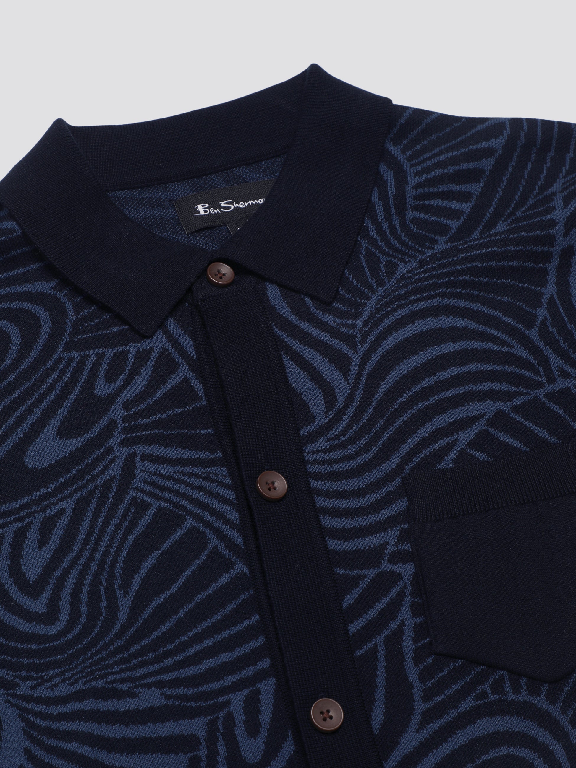 B by Ben Sherman Swirl Jacquard Button Through Polo - Dark Navy