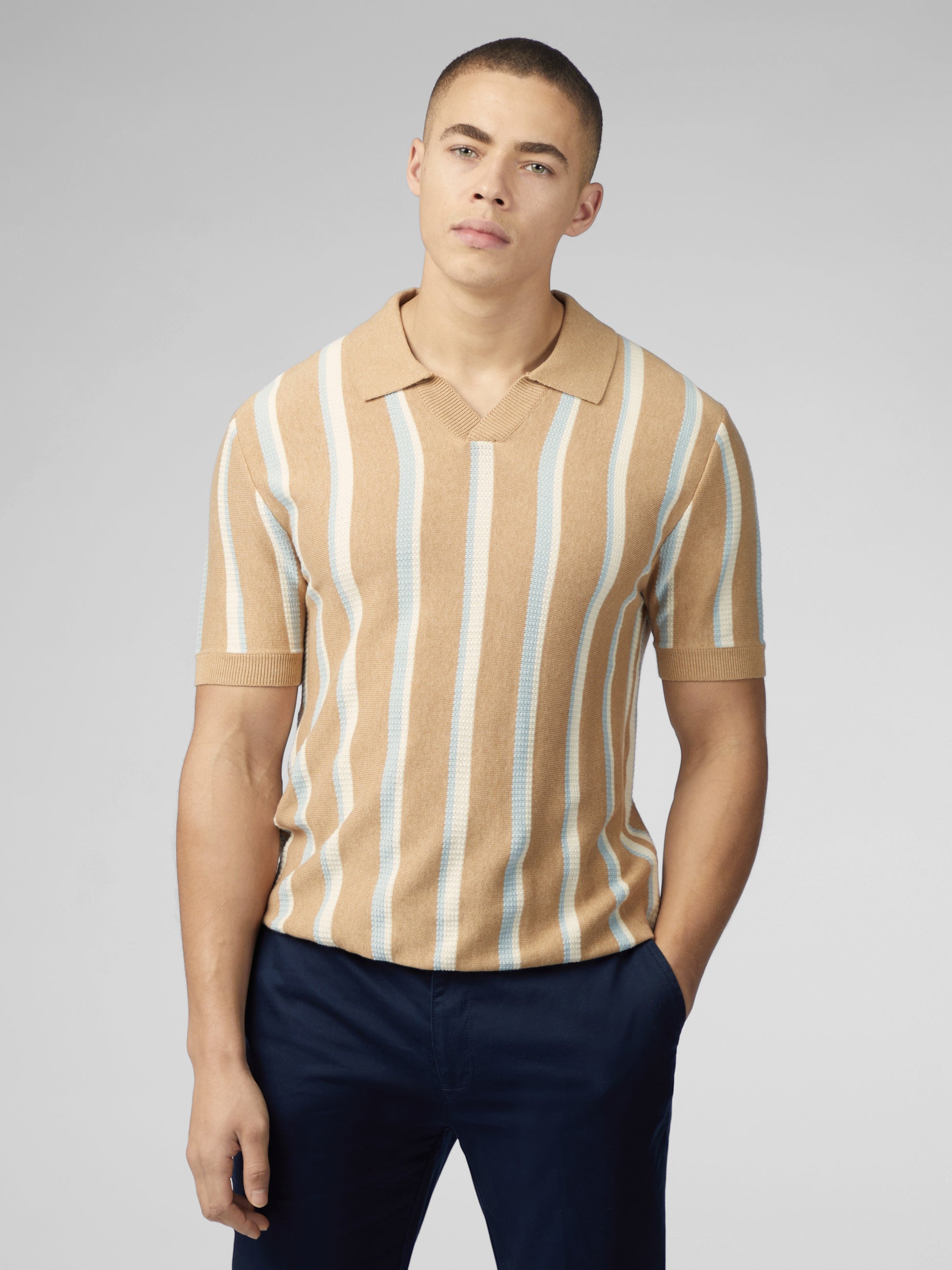 Vertical Stripe Open Neck Polo - Stone