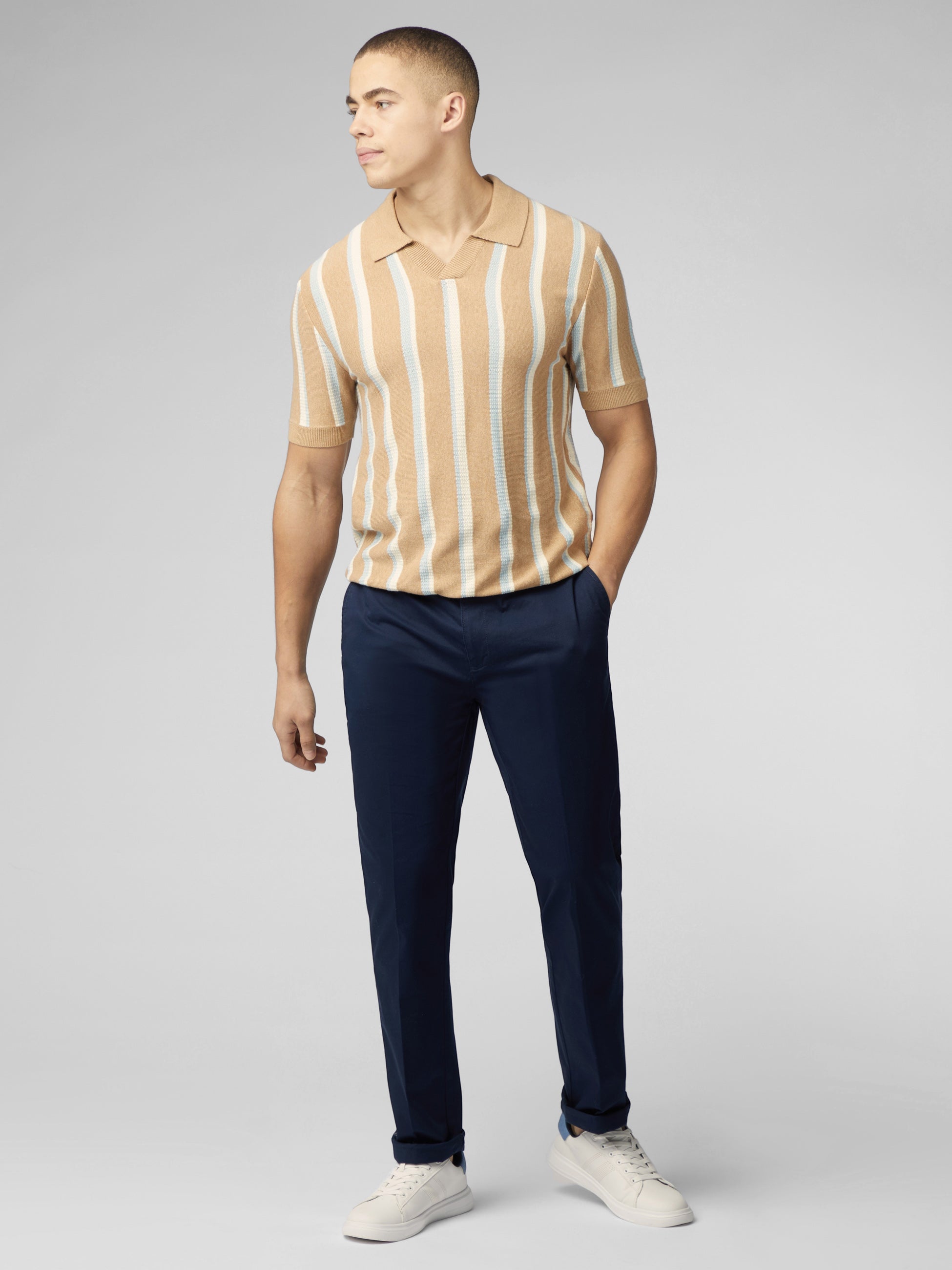 Vertical Stripe Open Neck Polo - Stone