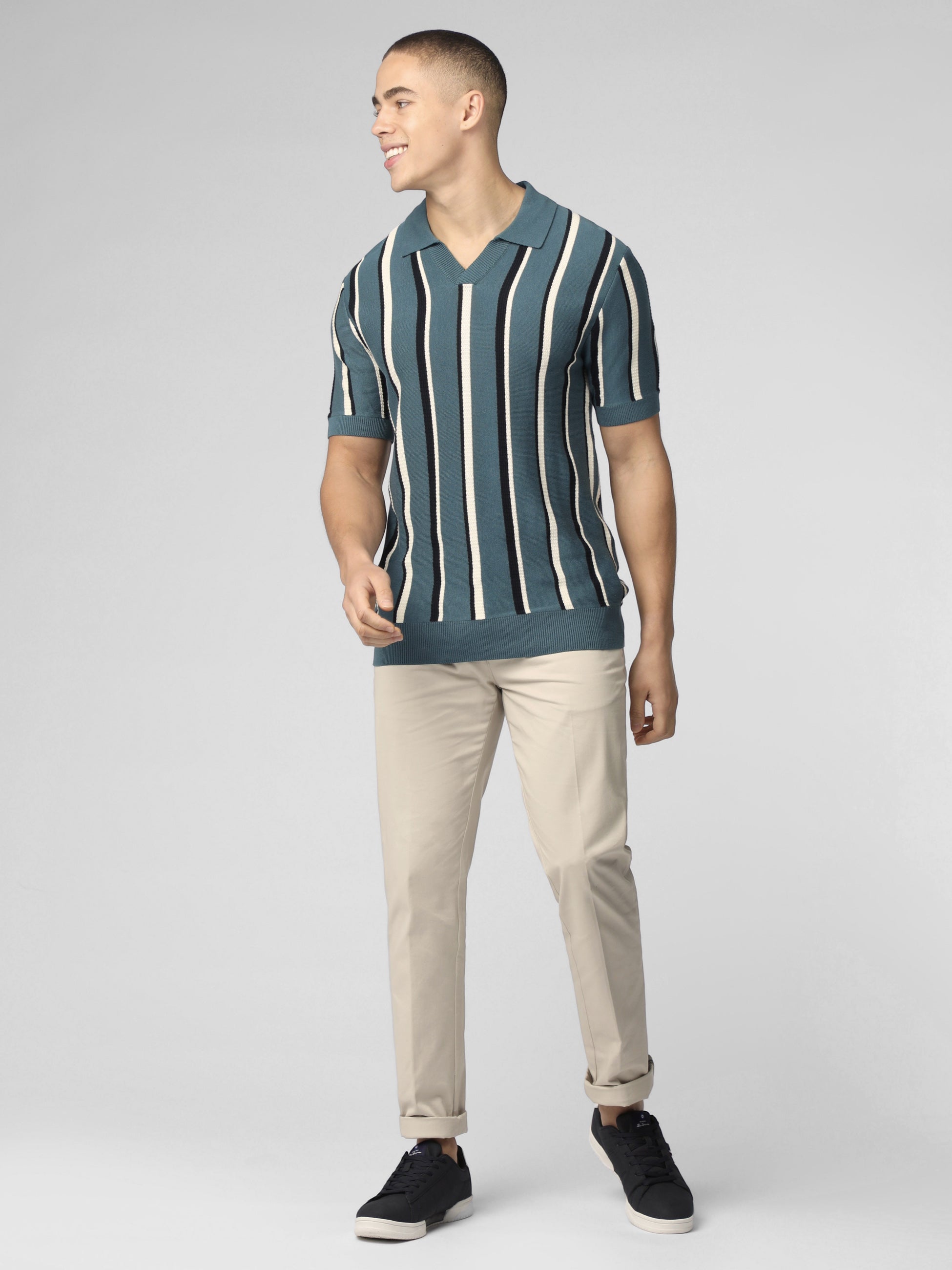 Signature Vertical Stripe Open Neck Polo - Teal