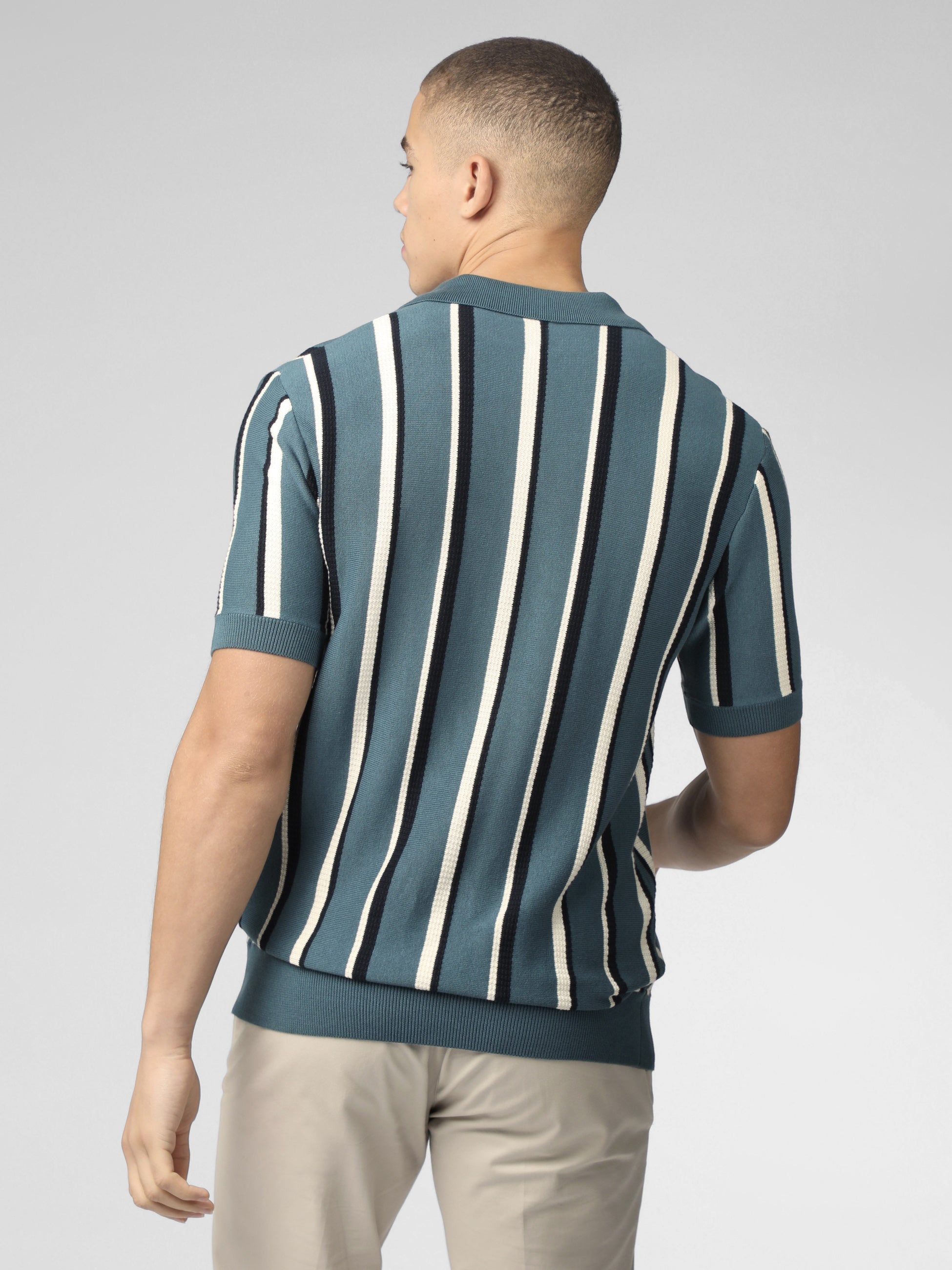 Signature Vertical Stripe Open Neck Polo - Teal