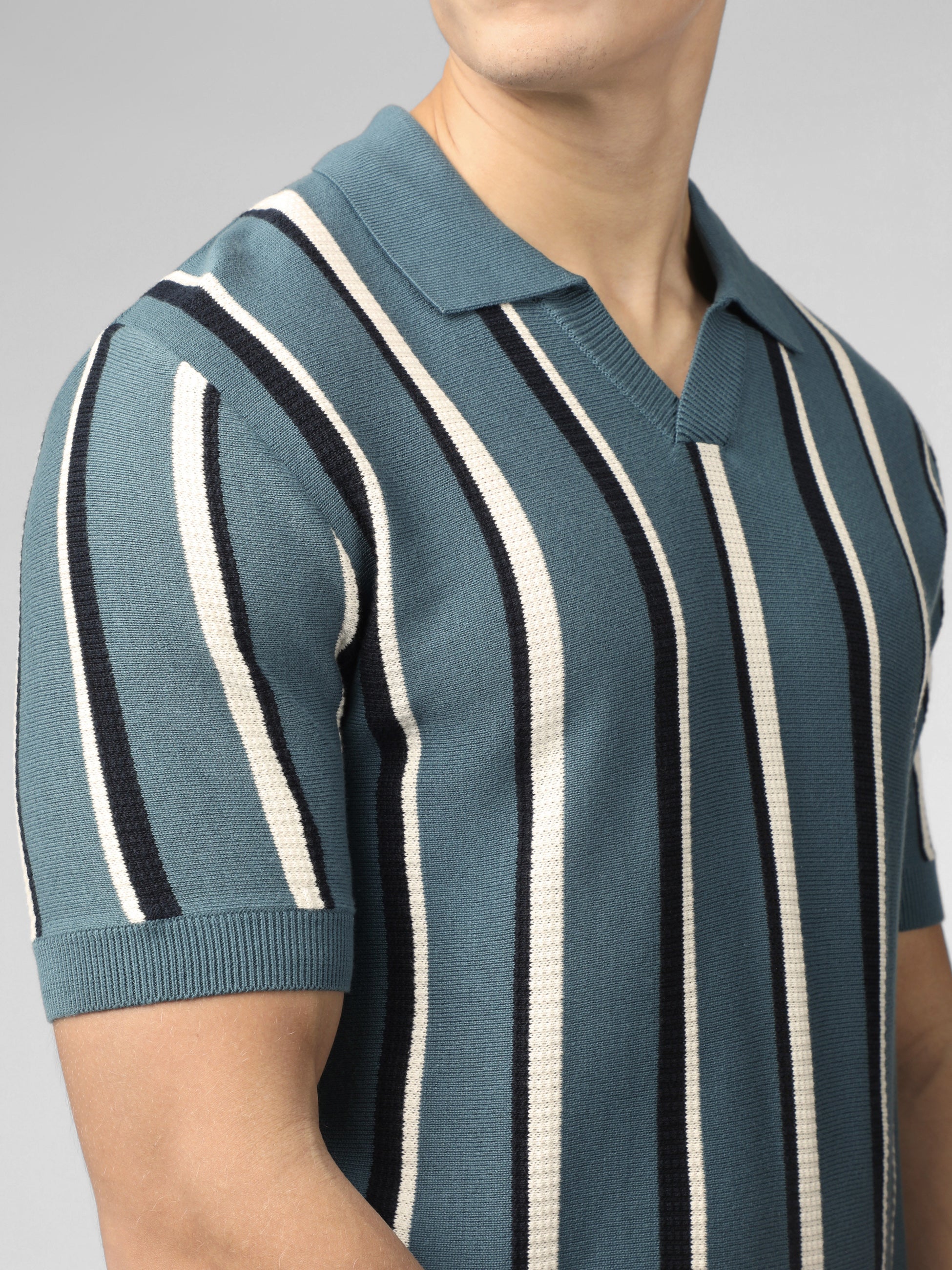 Signature Vertical Stripe Open Neck Polo - Teal