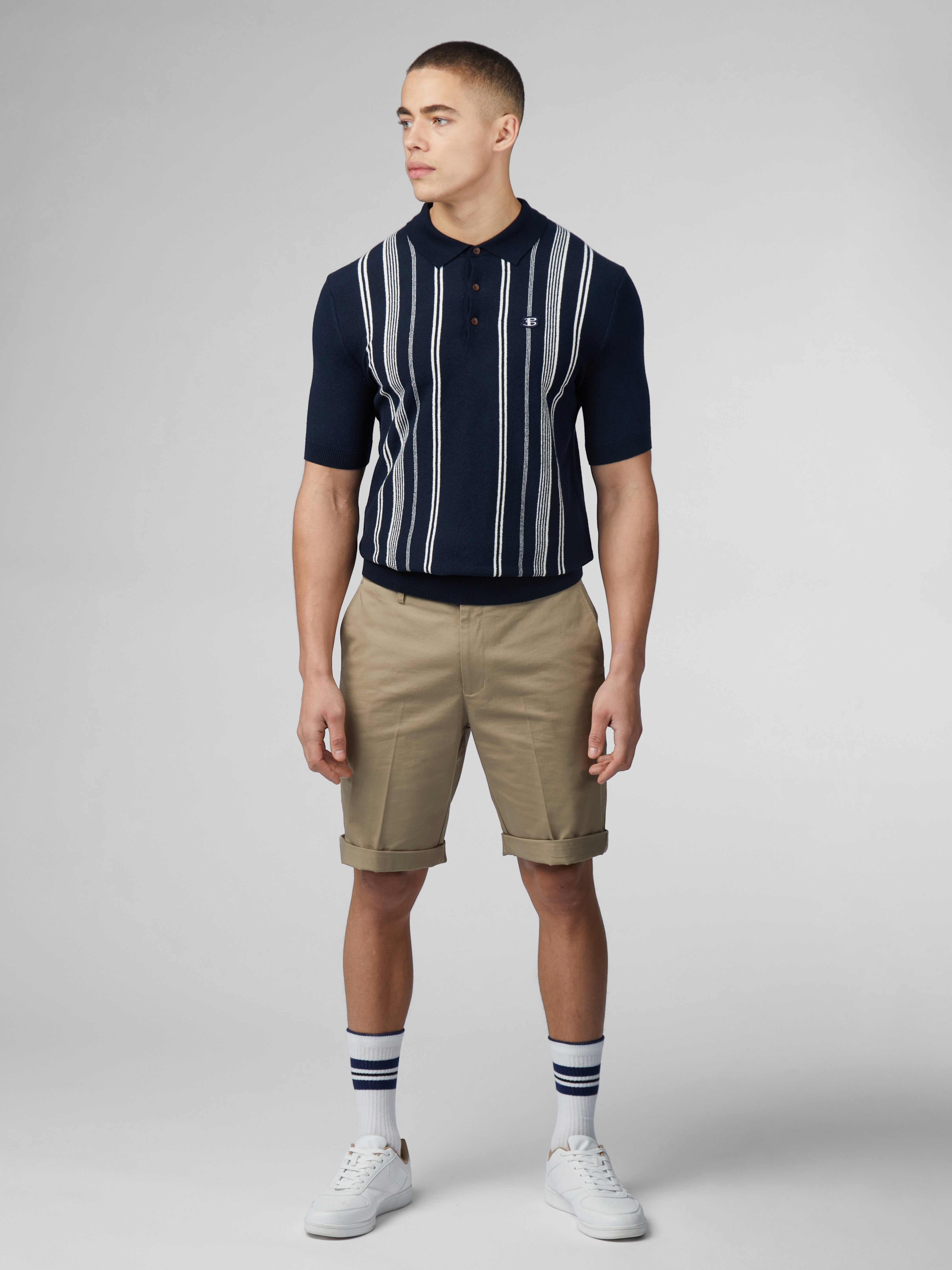 B by Ben Sherman Crinkle Cotton Stripe Polo - Dark Navy