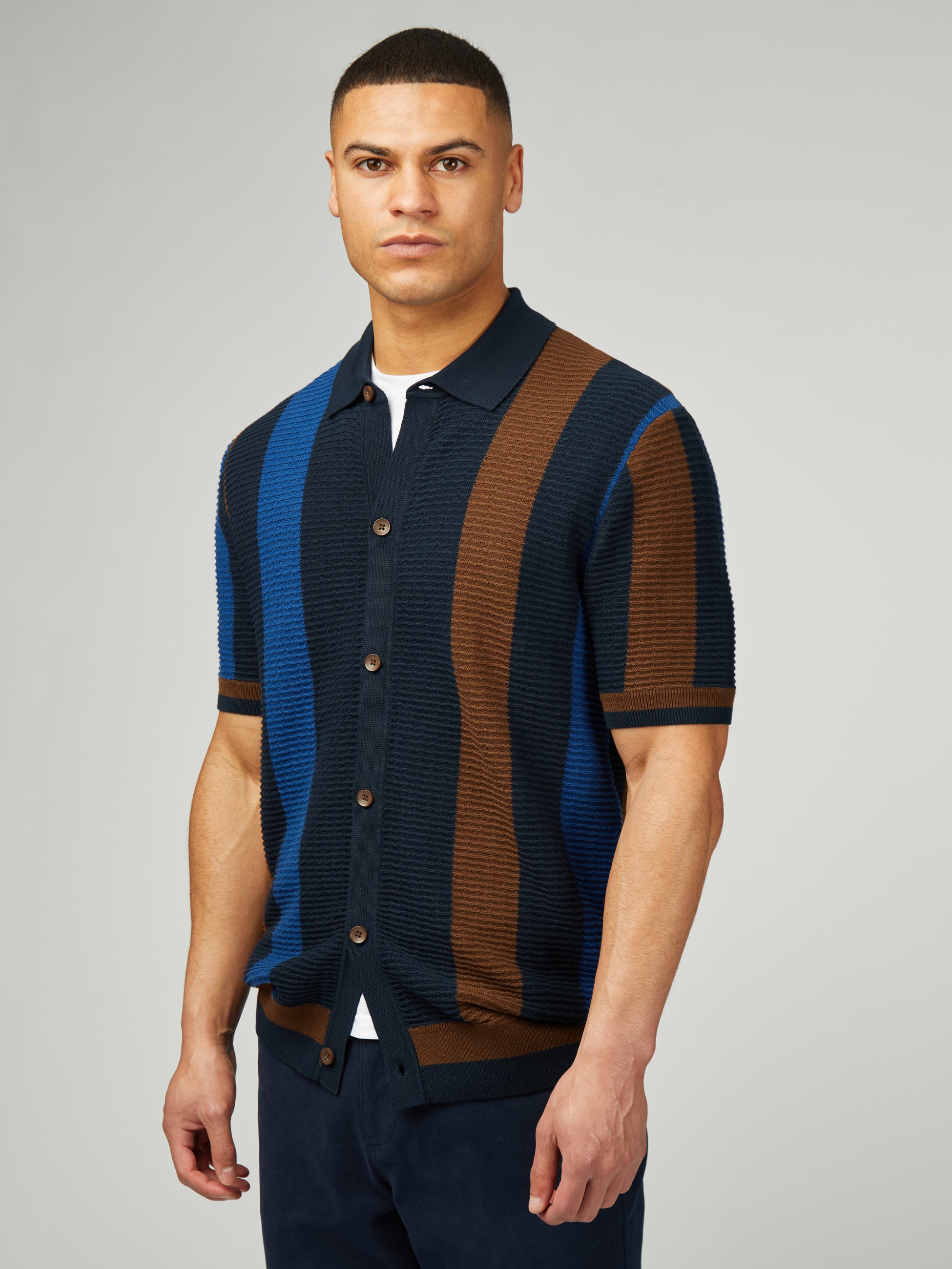 Textured Stripe Button Through Polo - Dark Navy