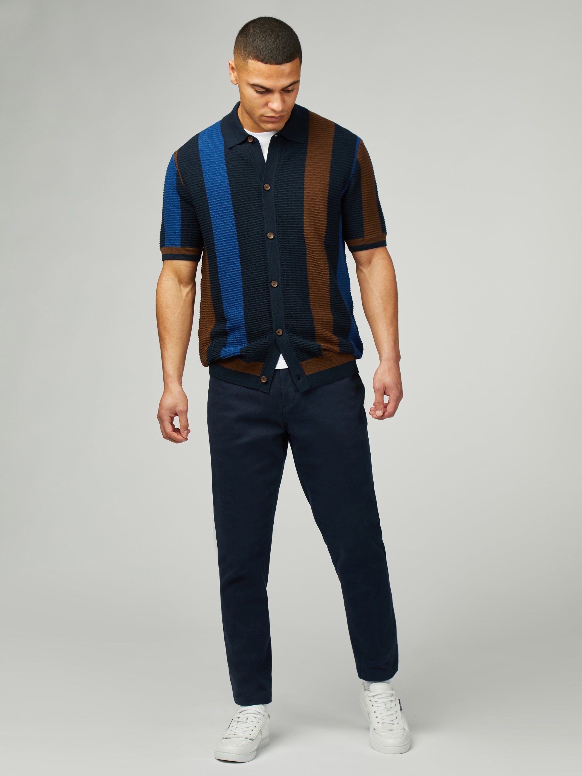 Textured Stripe Button Through Polo - Dark Navy