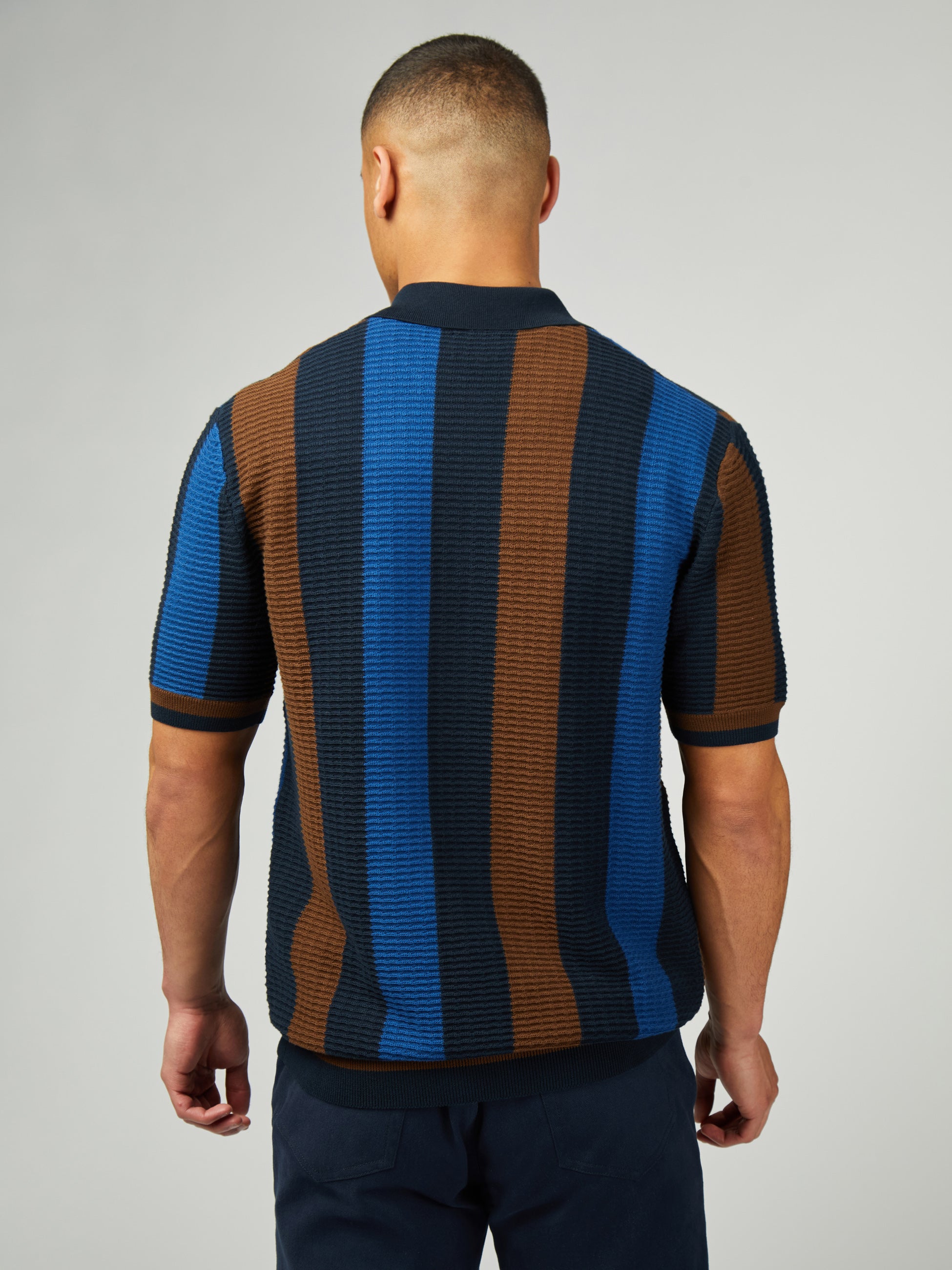 Textured Stripe Button Through Polo - Dark Navy