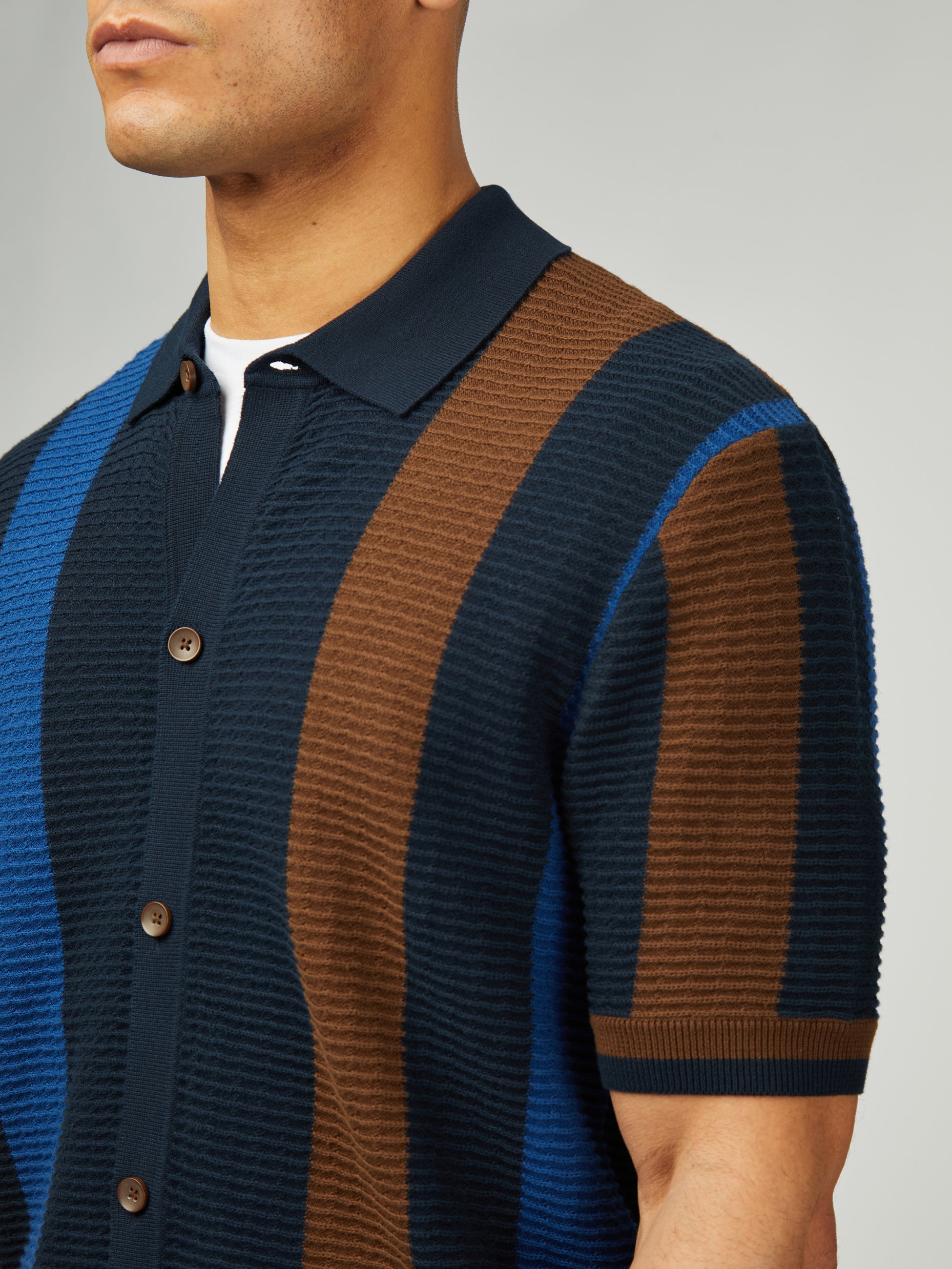 Textured Stripe Button Through Polo - Dark Navy