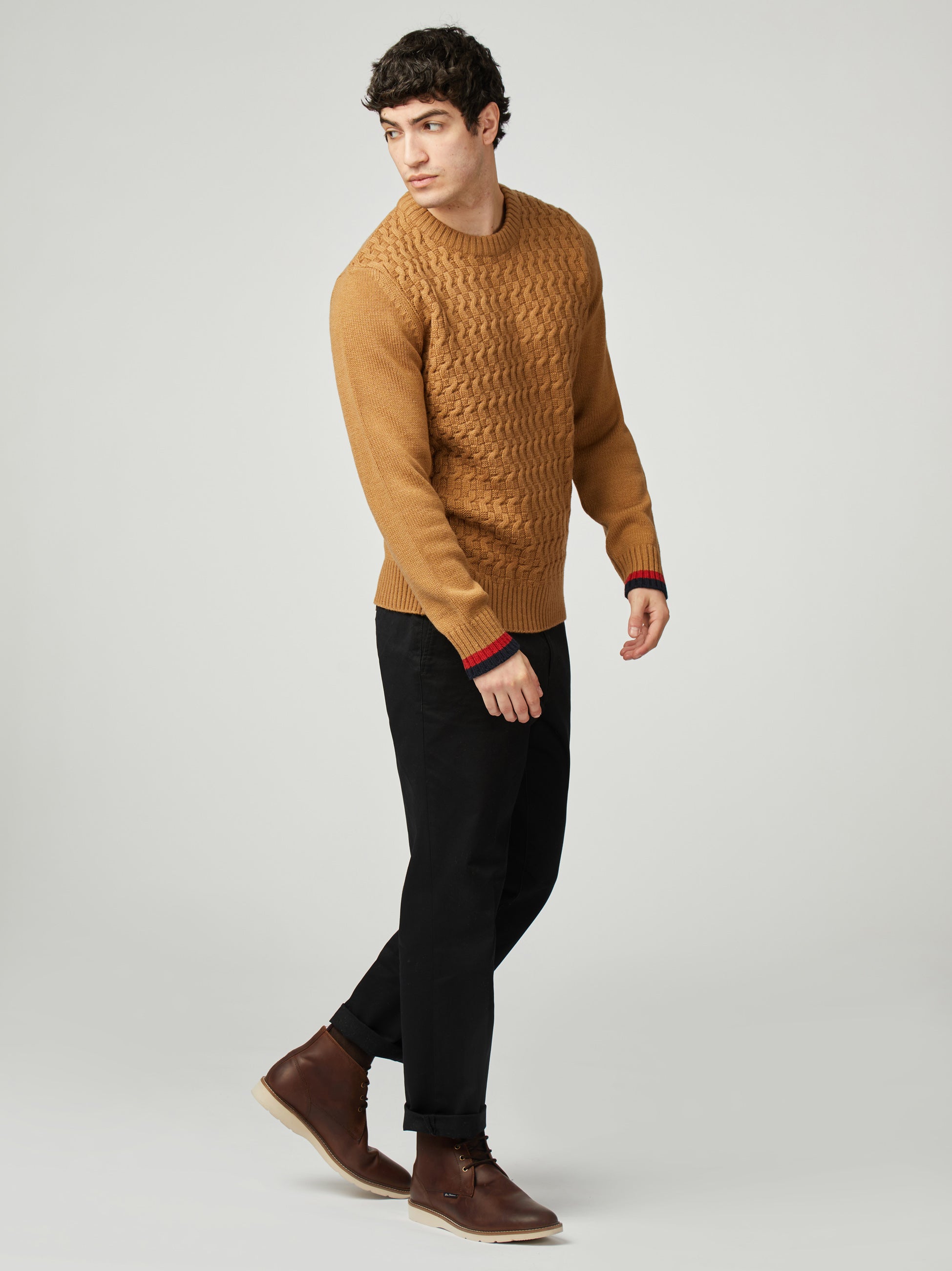 Cable Textured Crew - Light Brown