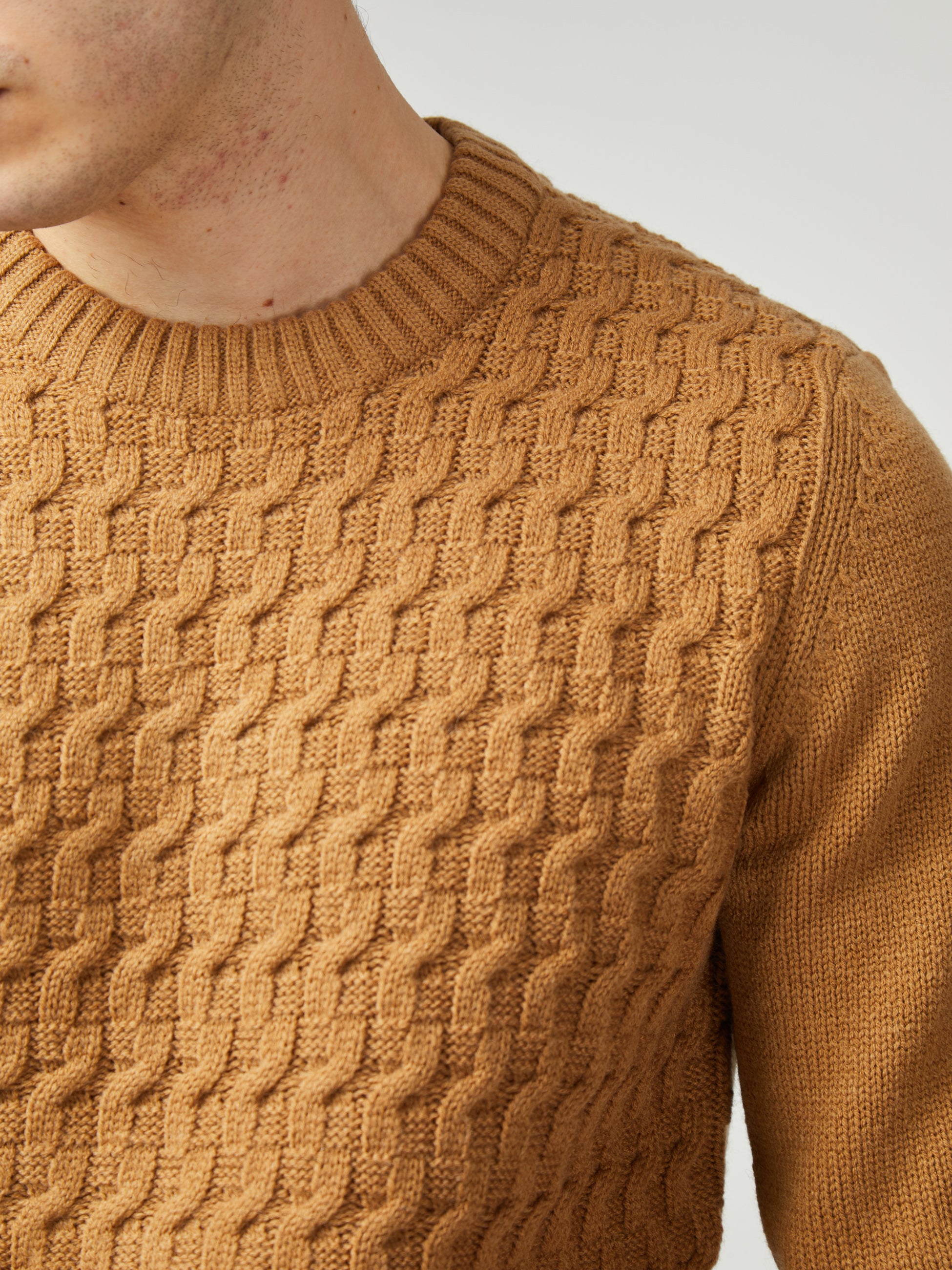 Cable Textured Crew - Light Brown