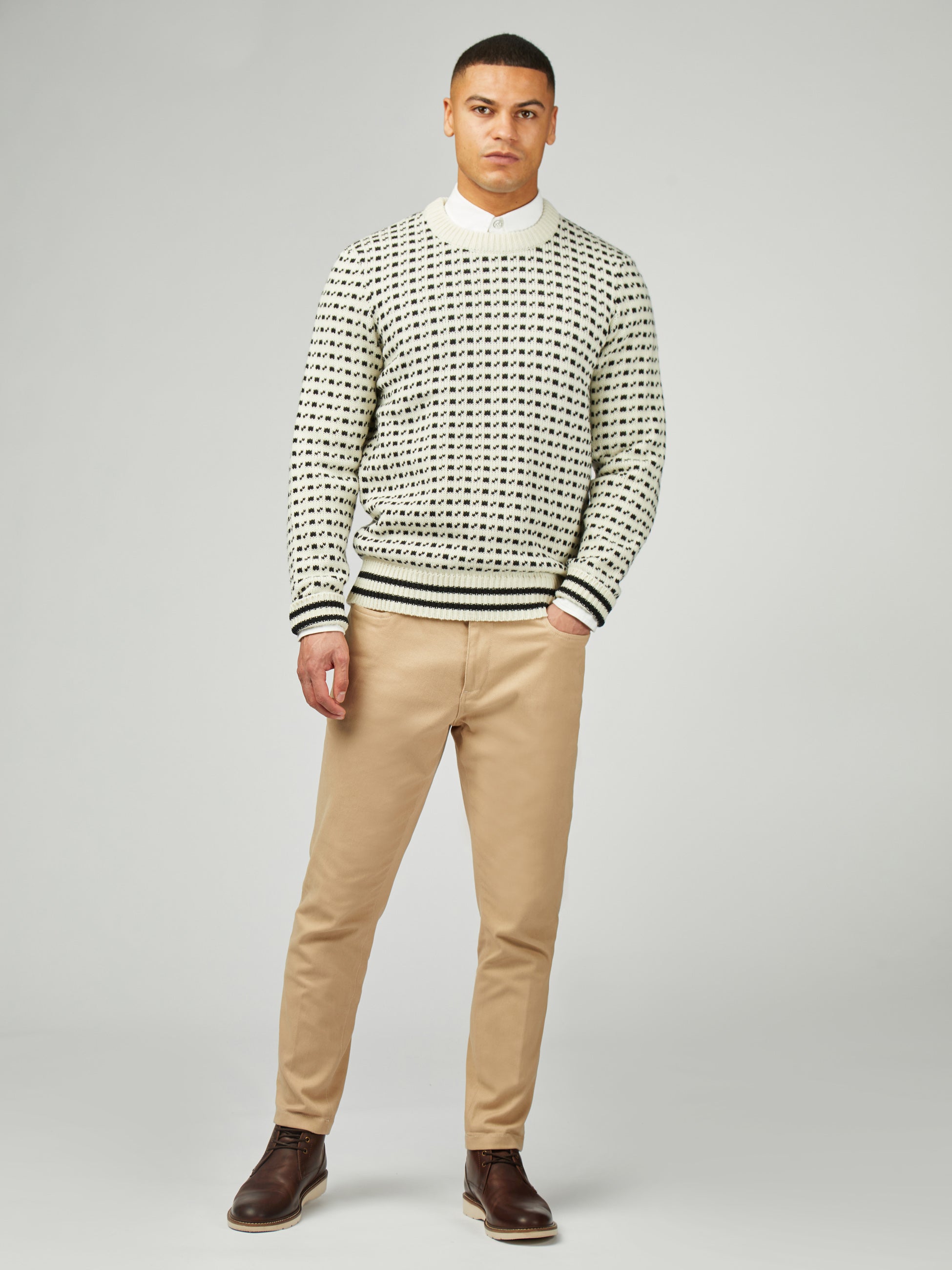 B By Ben Sherman Jacquard Crew - Ivory