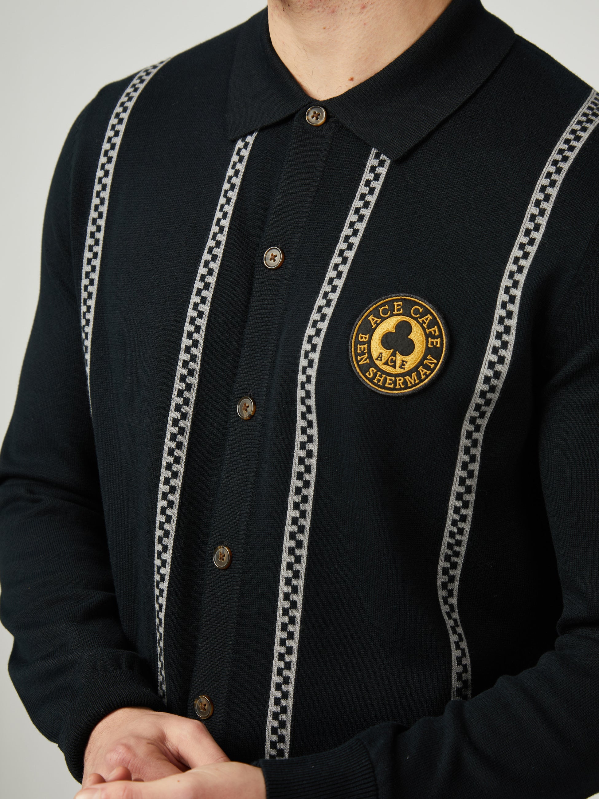 Ace Cafe Chequerboard Button Through Polo - Black