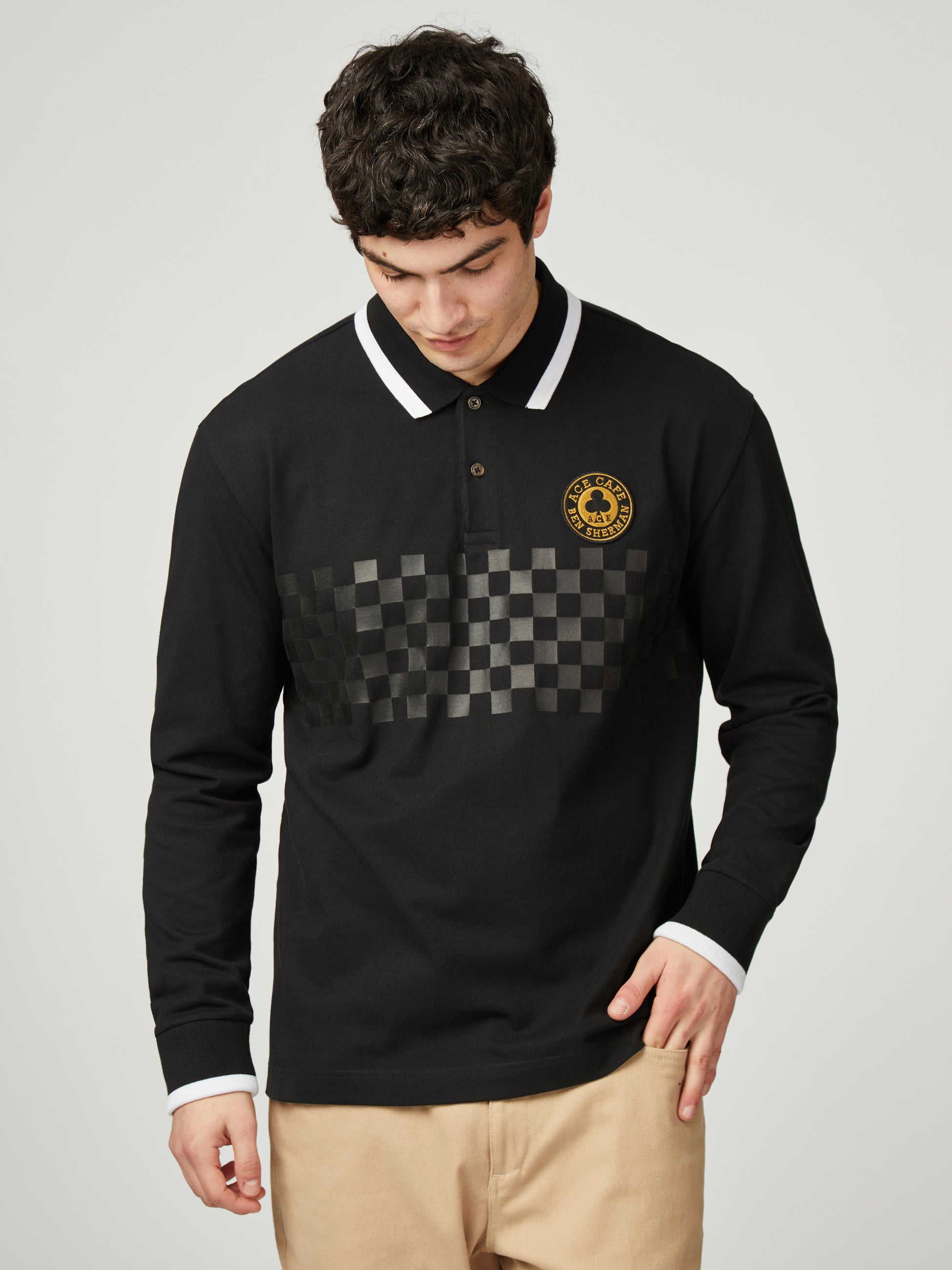 Ace Cafe Chequerboard Long Sleeve Polo - Black