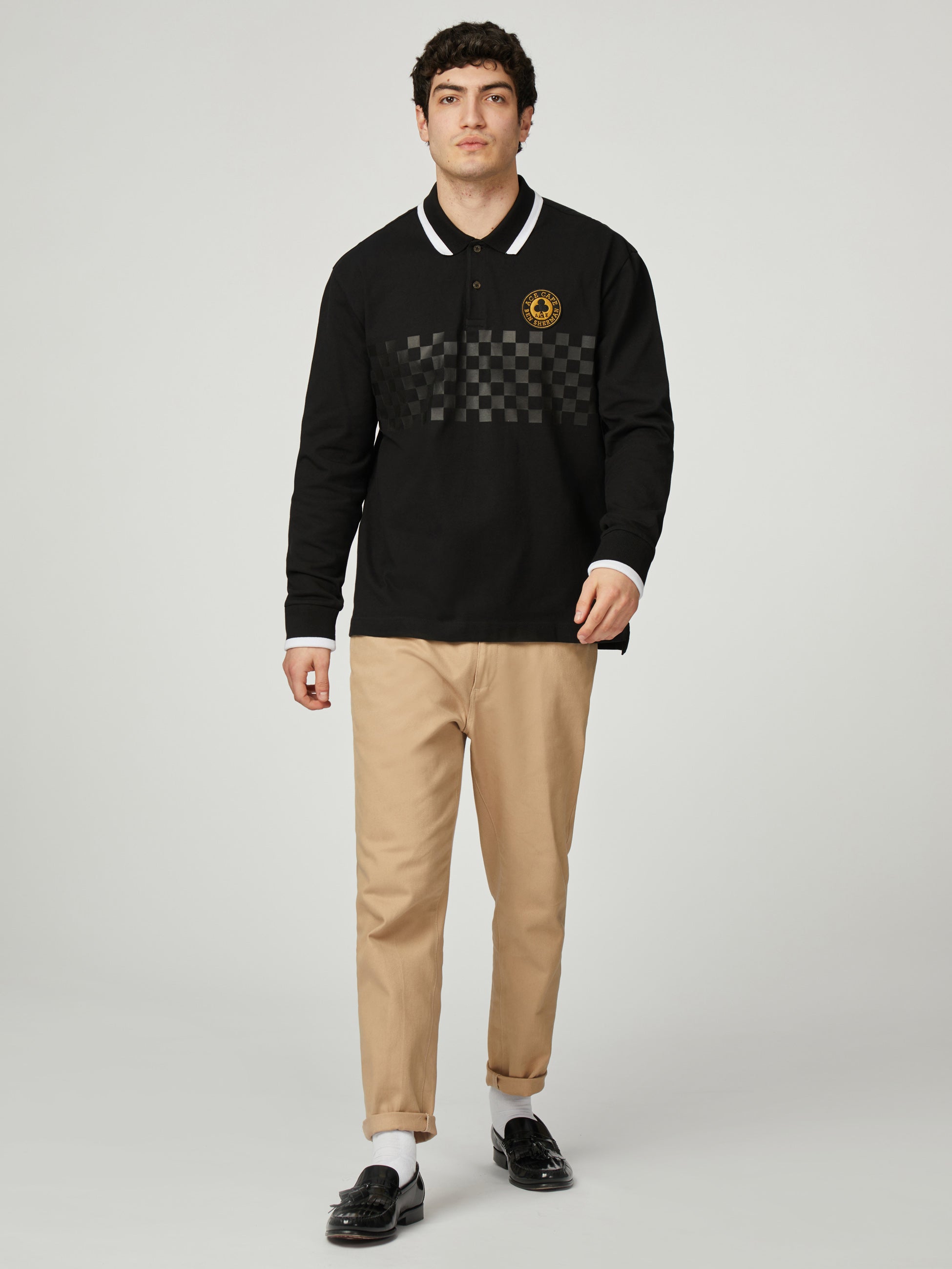 Ace Cafe Chequerboard Long Sleeve Polo - Black