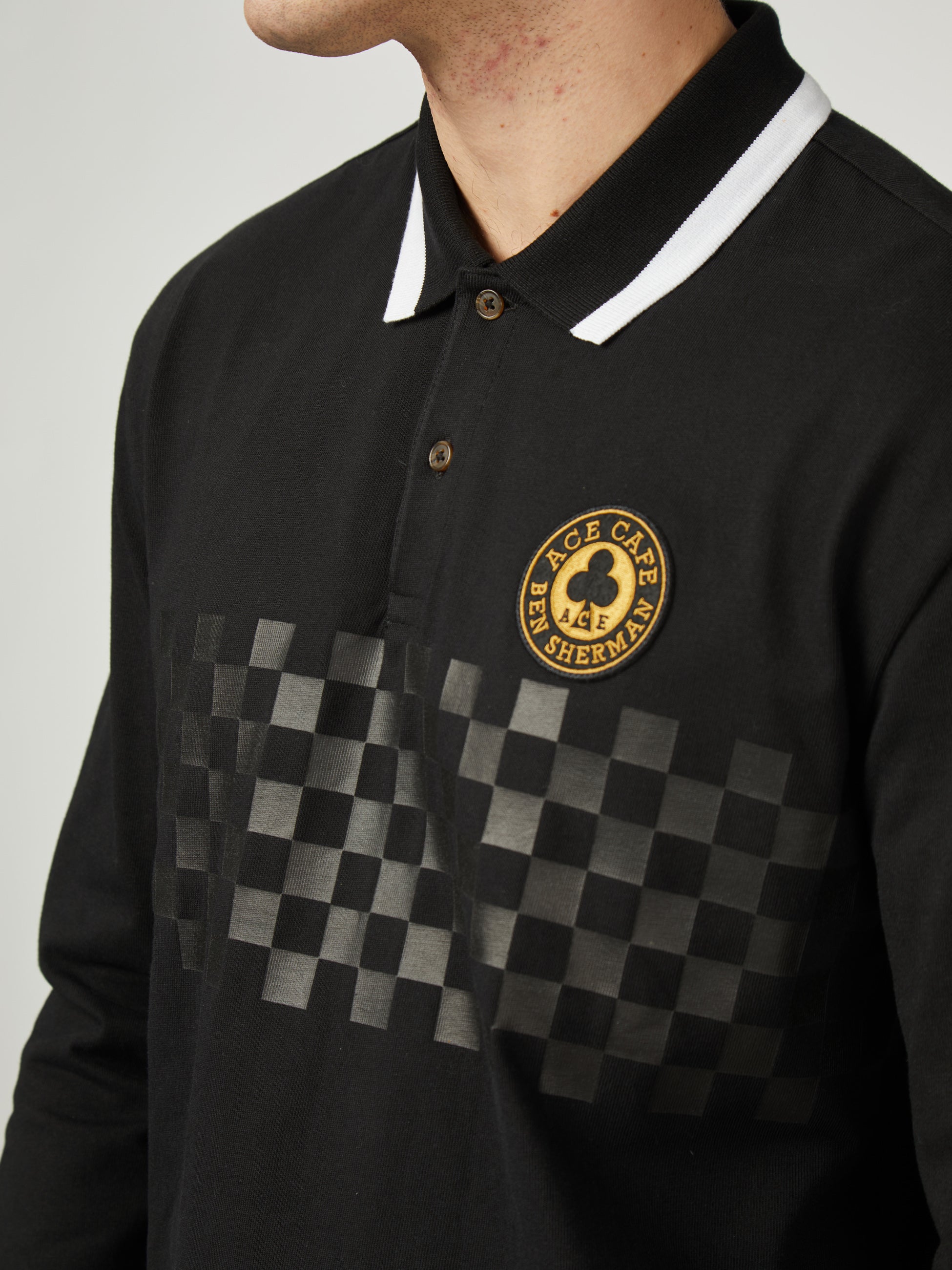 Ace Cafe Chequerboard Long Sleeve Polo - Black