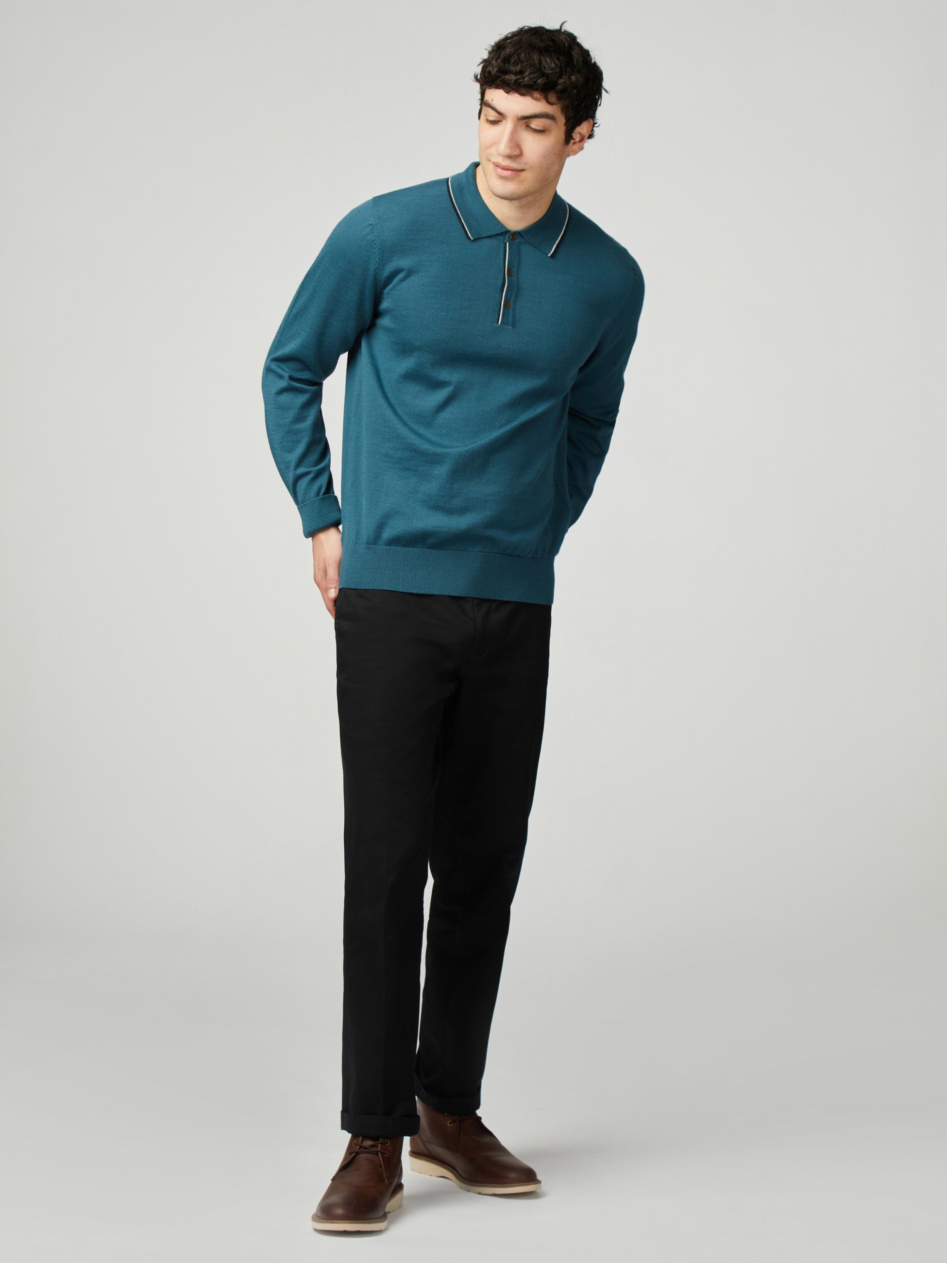 Tipped Merino Polo - Lake Blue