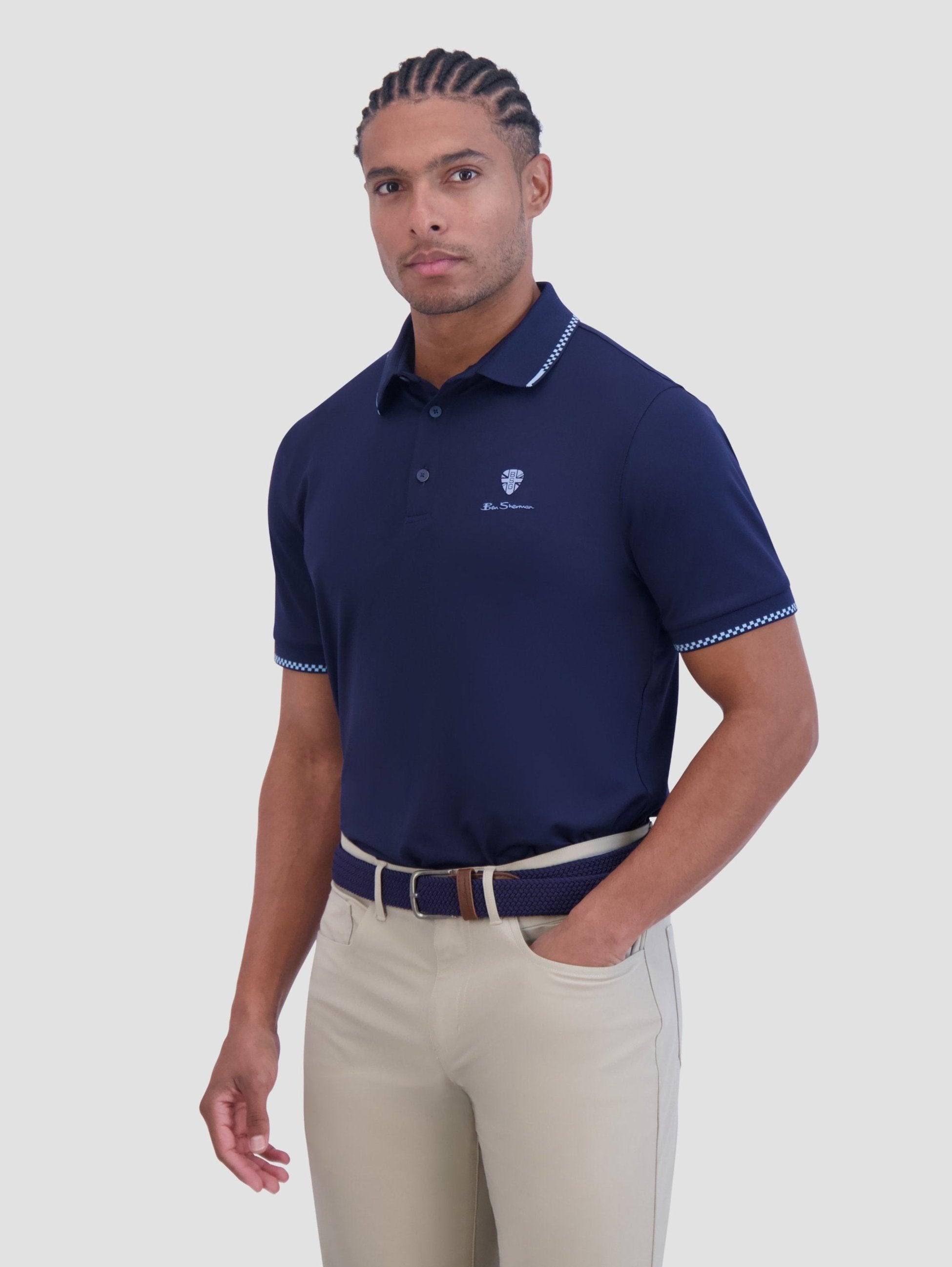 Checker Rib Tech Pique Sports Fit Polo - Navy