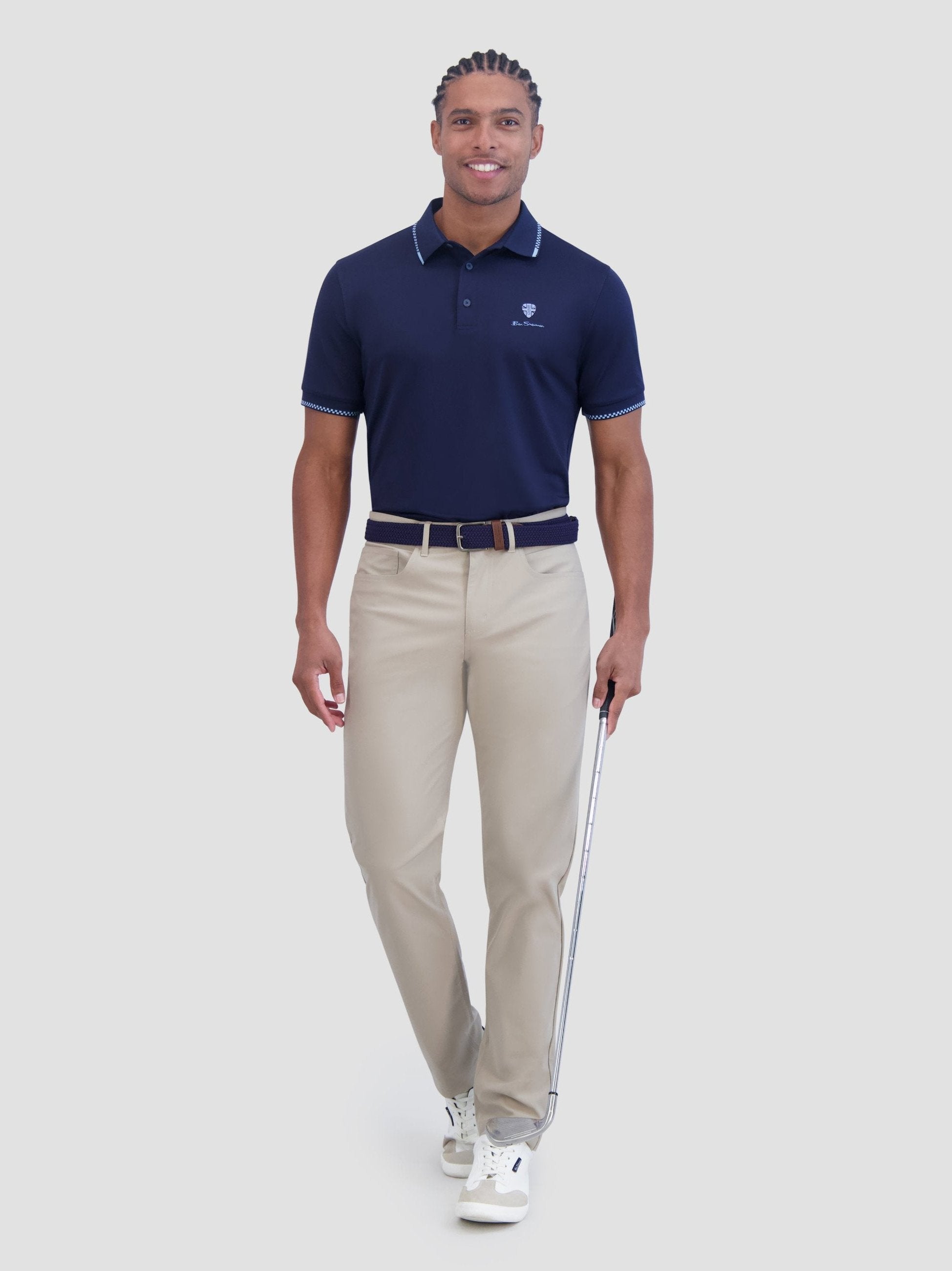 Checker Rib Tech Pique Sports Fit Polo - Navy