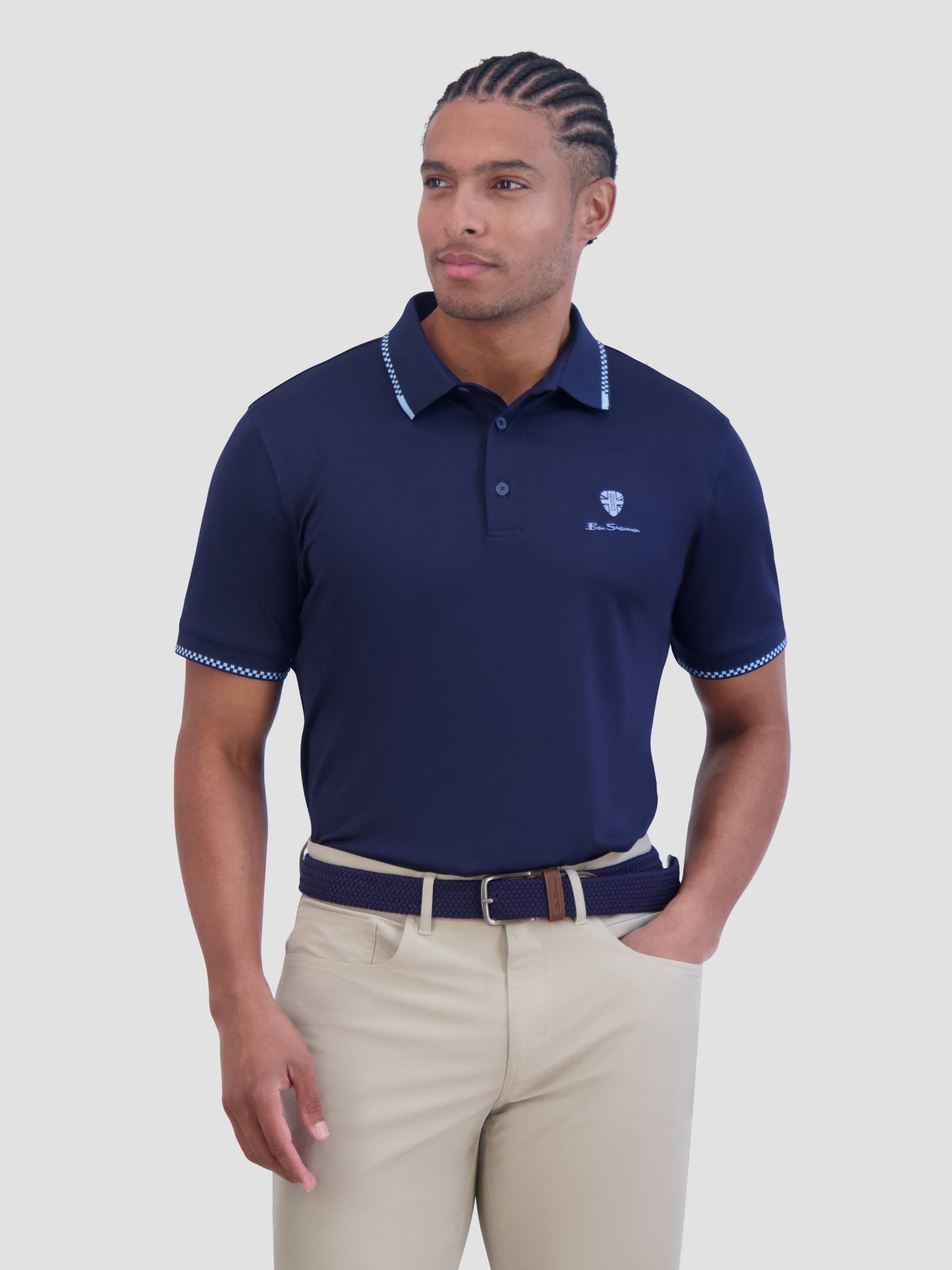 Checker Rib Tech Pique Sports Fit Polo - Navy