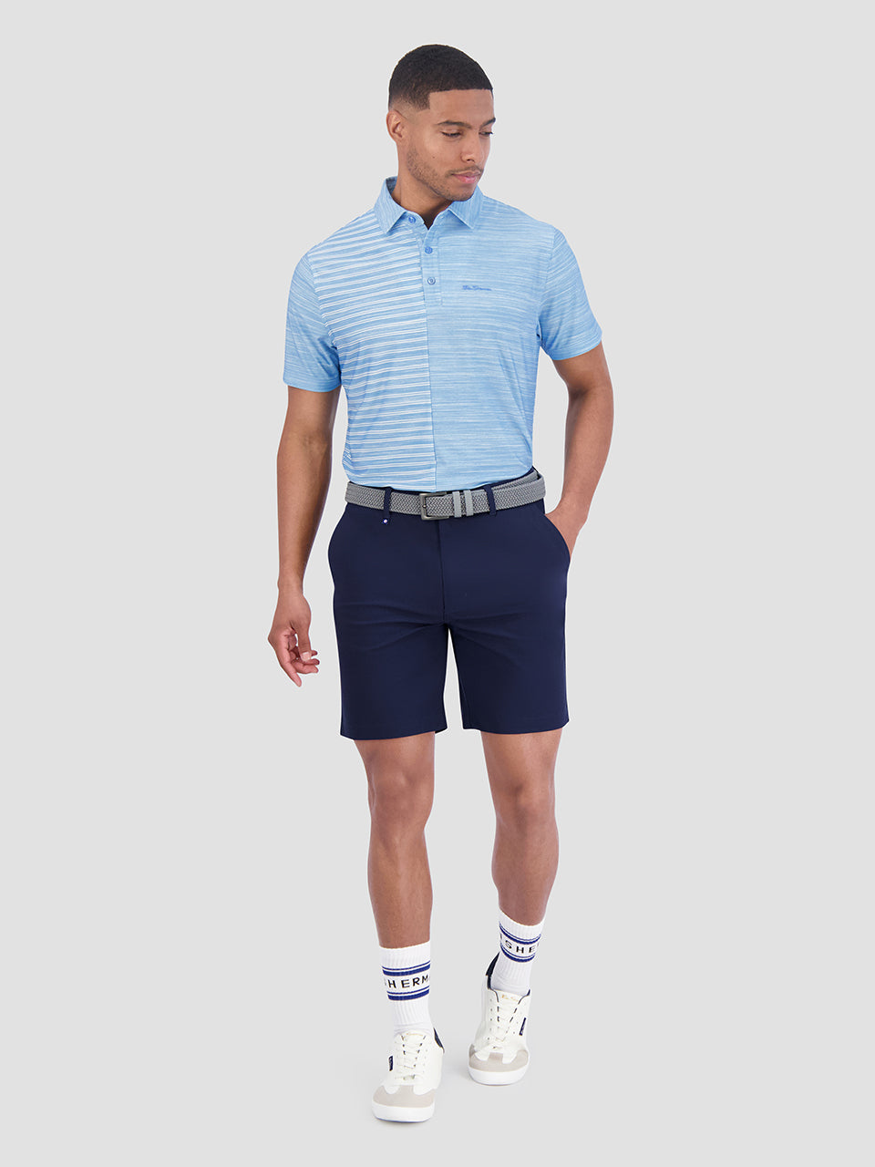 Melange Stripes Color Block Tech Jersey Sports Fit Polo - Azure