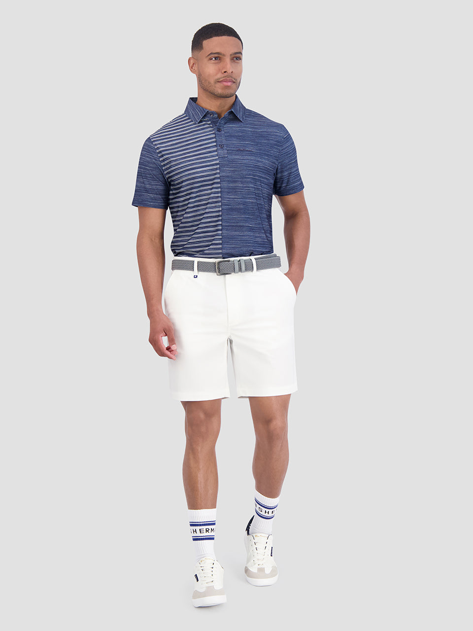 Melange Stripes Color Block Tech Jersey Sports Fit Polo - Navy