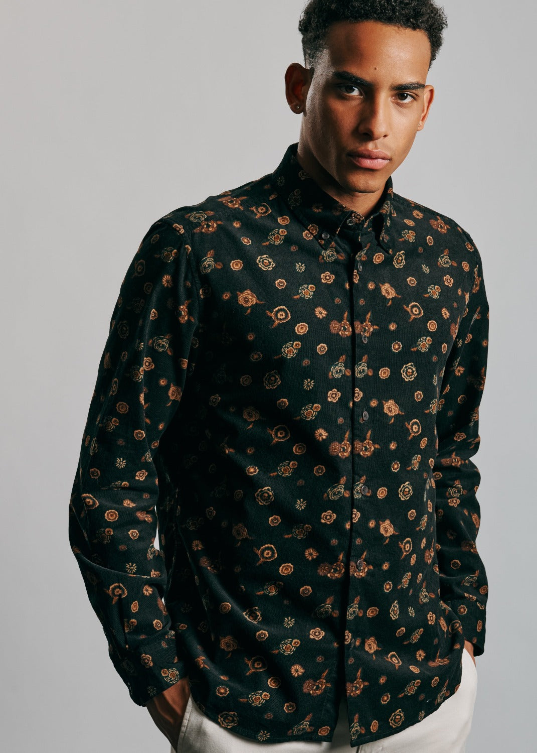 Retro Floral Print Corduroy Shirt