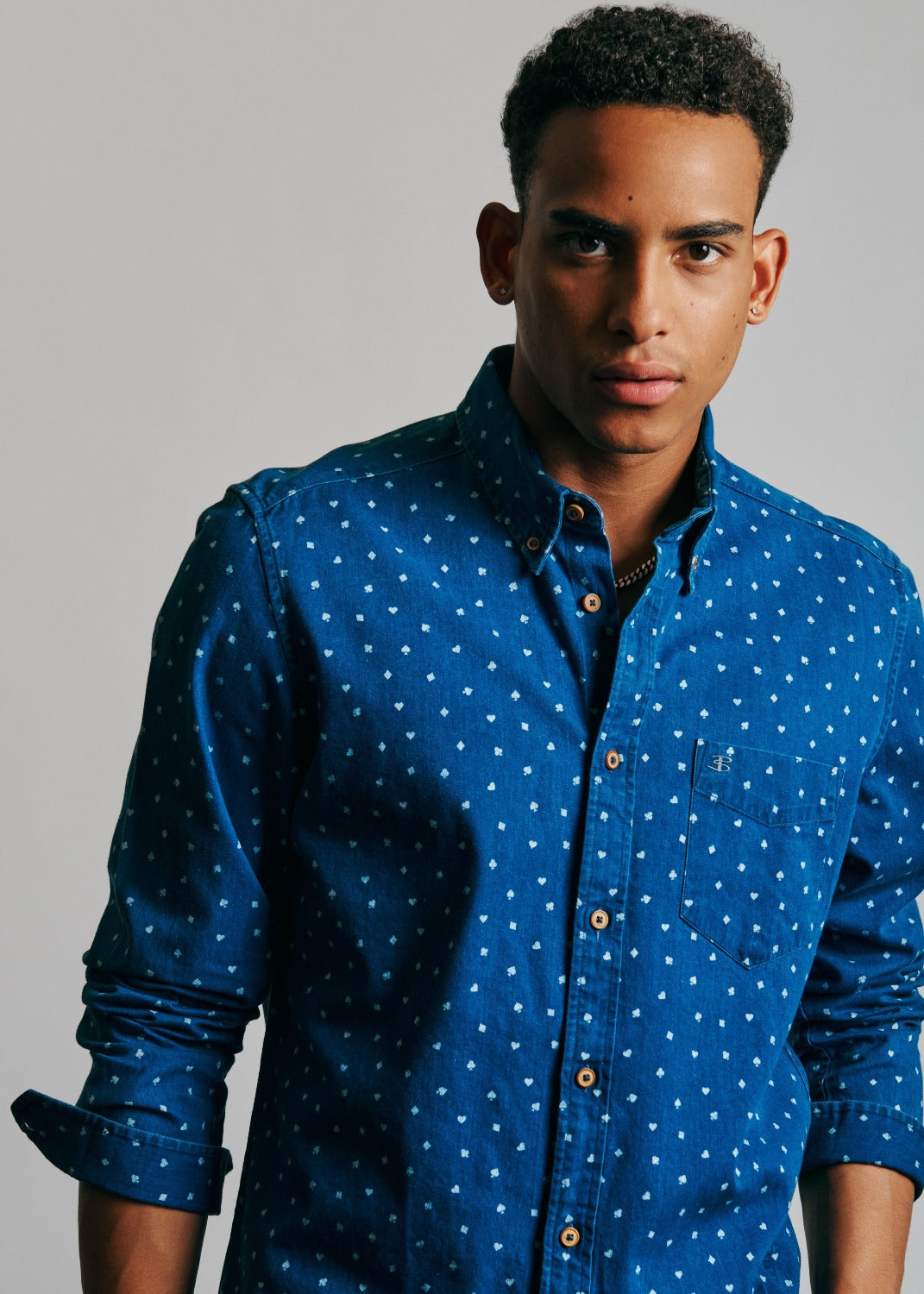 Long Sleeve Indigo Card Print Shirt