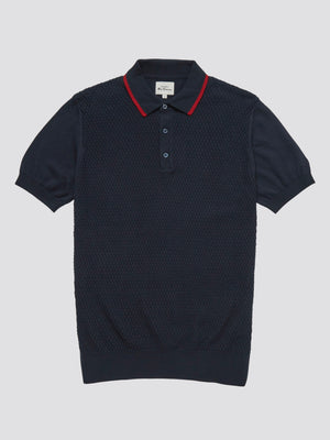 Textured Knit Contrast Tip Polo - Navy