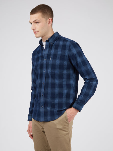 Long-Sleeve Corduroy Ombre Check Shirt - Dark Blue - Ben Sherman