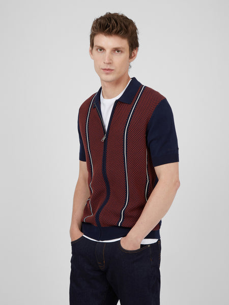 Short-Sleeve Jacquard Zip-Through Knit Polo - Marine - Ben Sherman