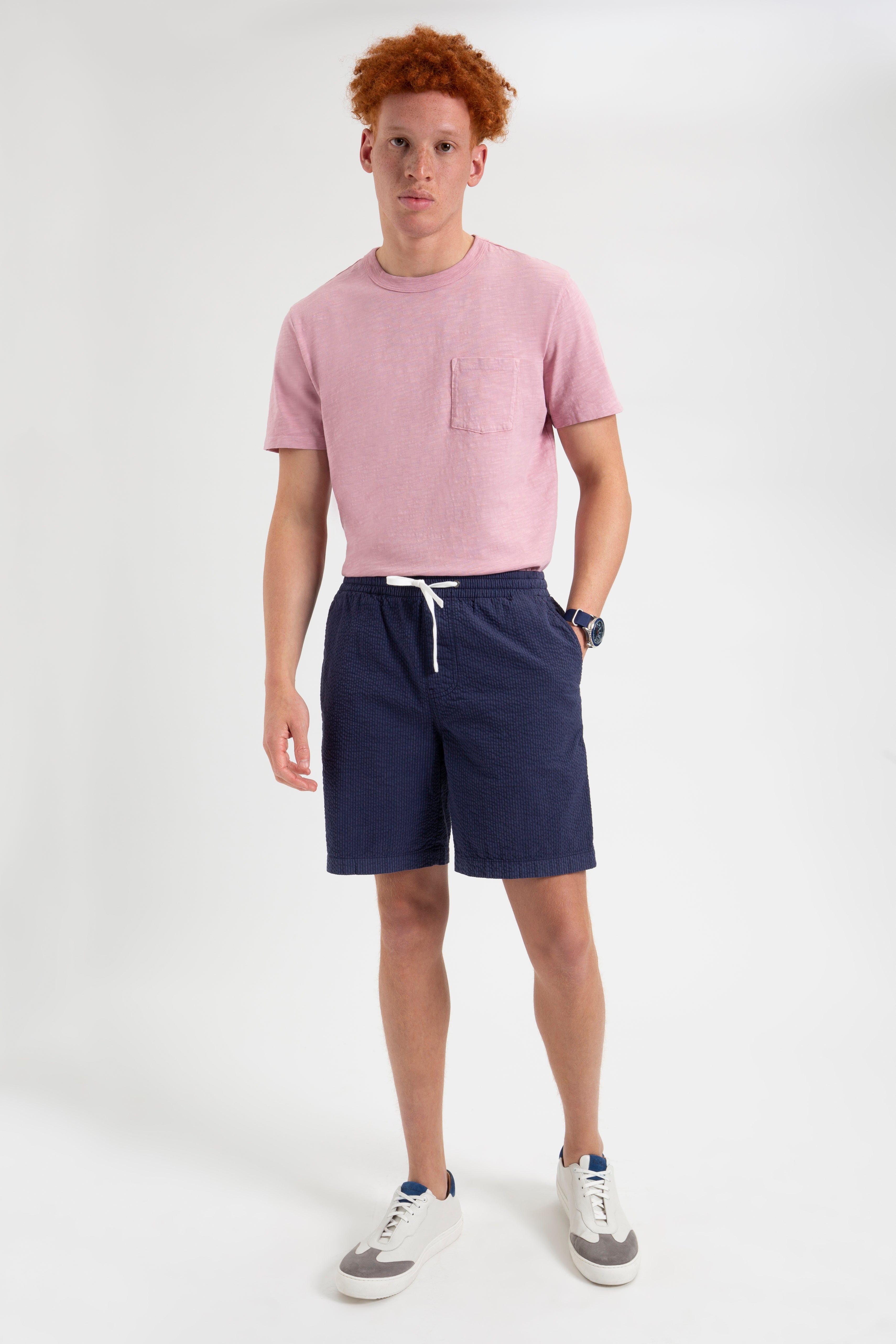 Seersucker Slim Fit Bengal Stripe Short - Navy