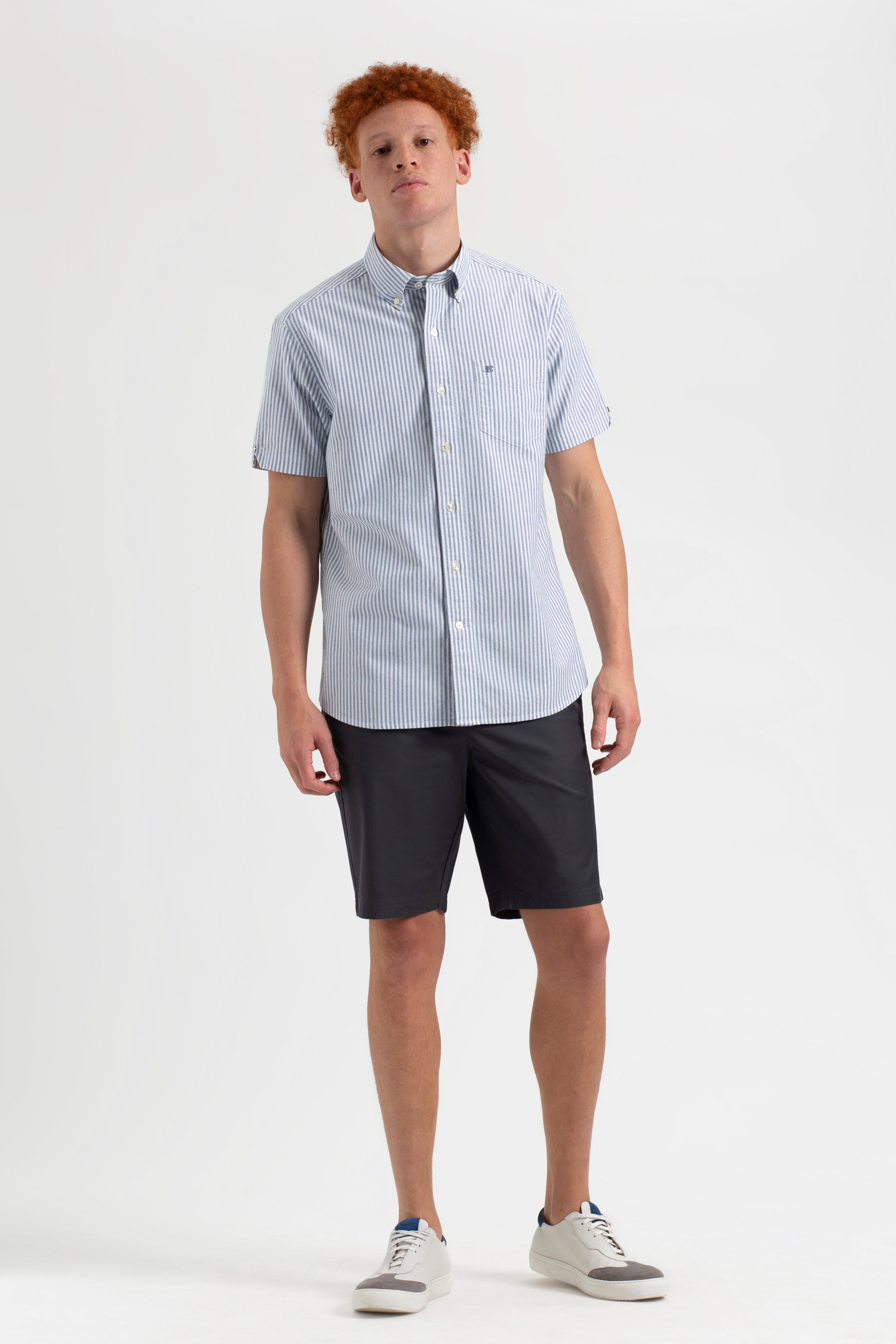 Short Sleeve Brighton Oxford Organic Shirt - Indigo Bengal Stripe