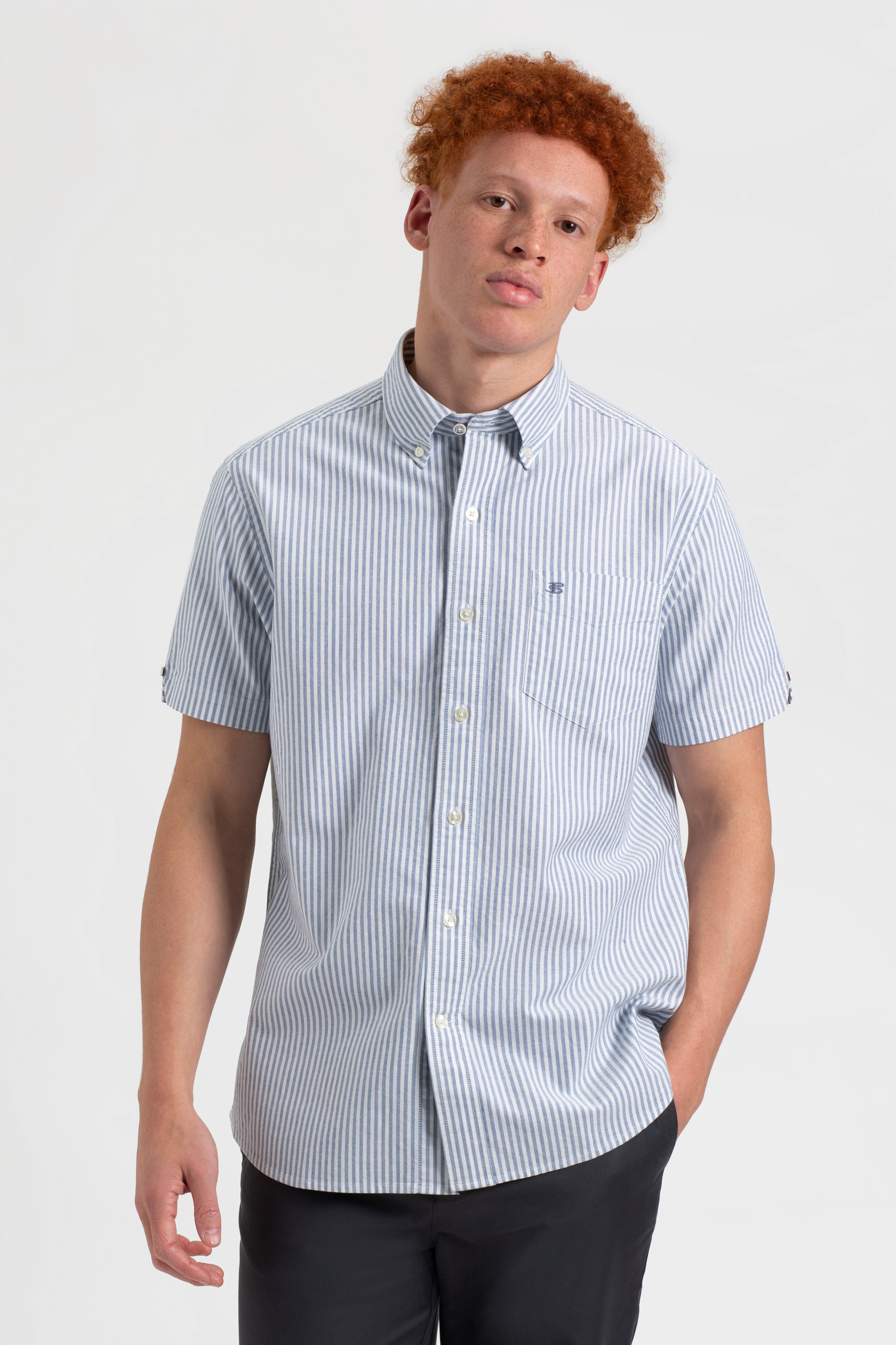 Short Sleeve Brighton Oxford Organic Shirt - Indigo Bengal Stripe