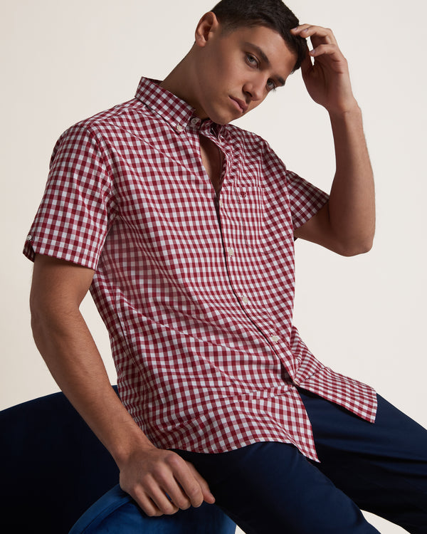 Short Sleeve House Poplin Gingham Shirt - Merlot - Ben Sherman